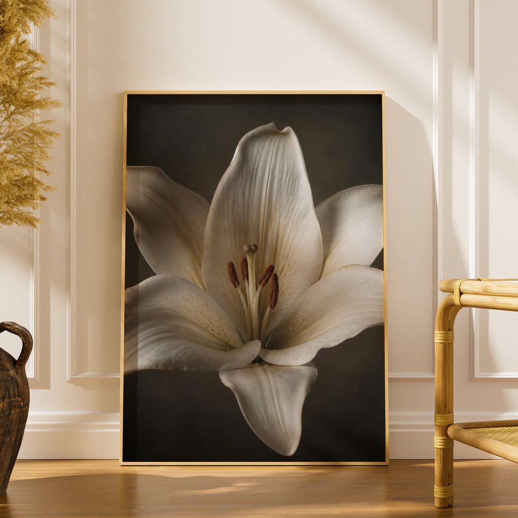 White Lily Flower Poster, Botanical Wall Art, Moody Floral Print, Dark Background