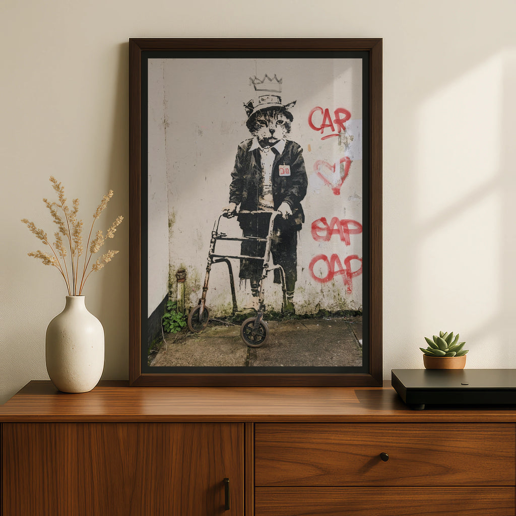 Street Art Cat Walking Frame Poster, Graffiti Wall Art, Urban Stencil Print, Funny Cat Gift