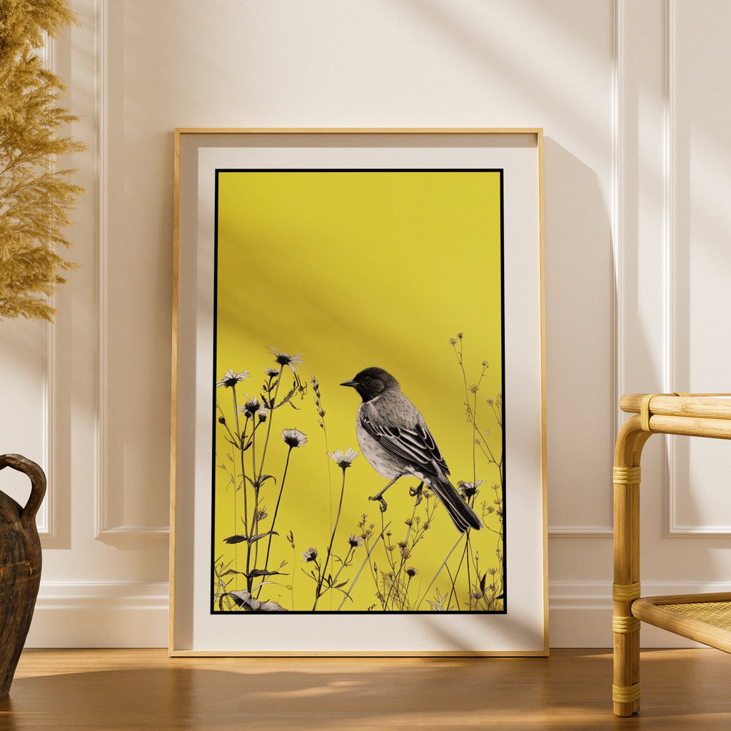 Botanical Wall Art | Yellow Bird Wall Art Poster,  Wildflower Nature Decor