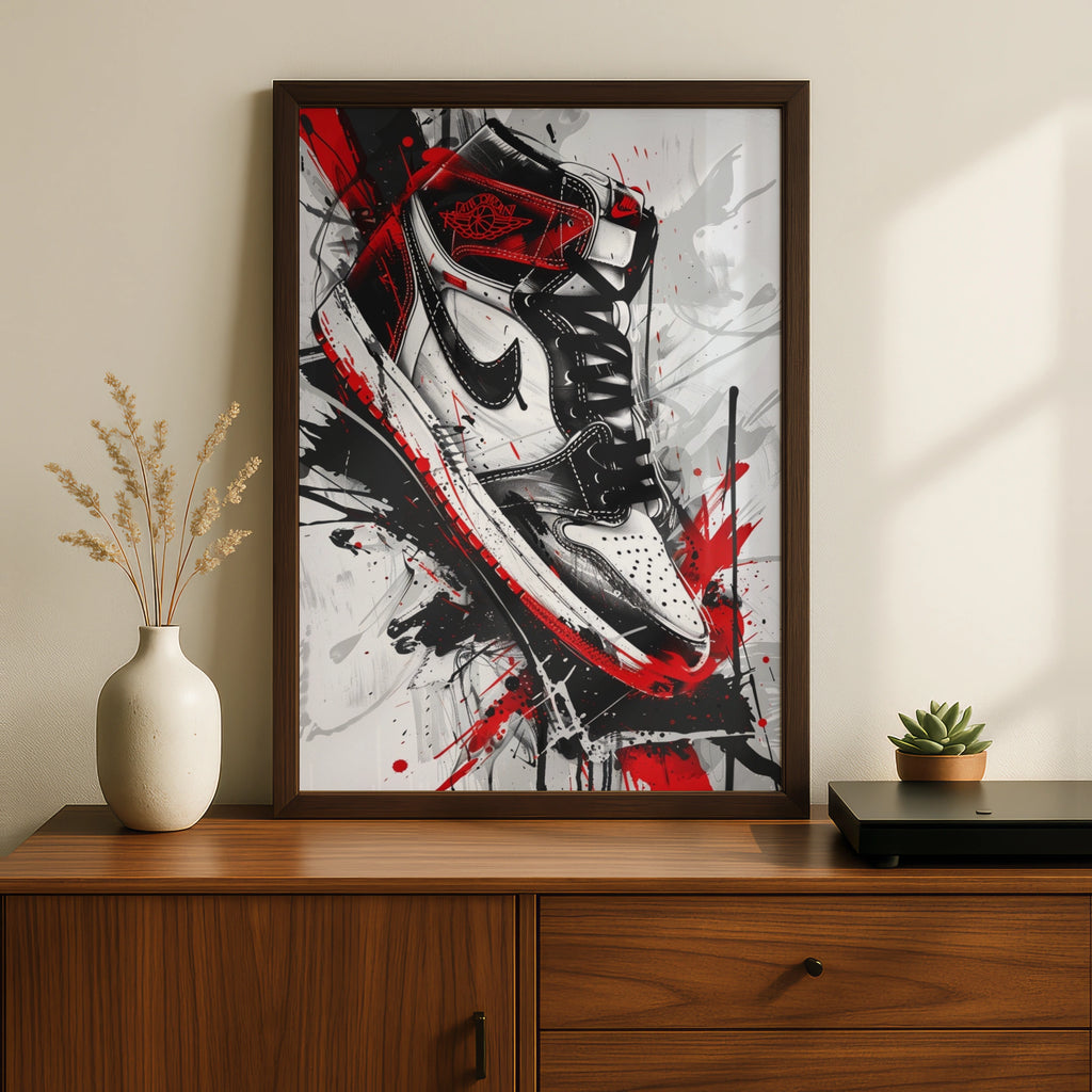 Sneaker Graffiti Art Print, Jordan 1 Poster, Red Black White Wall Art, Hype