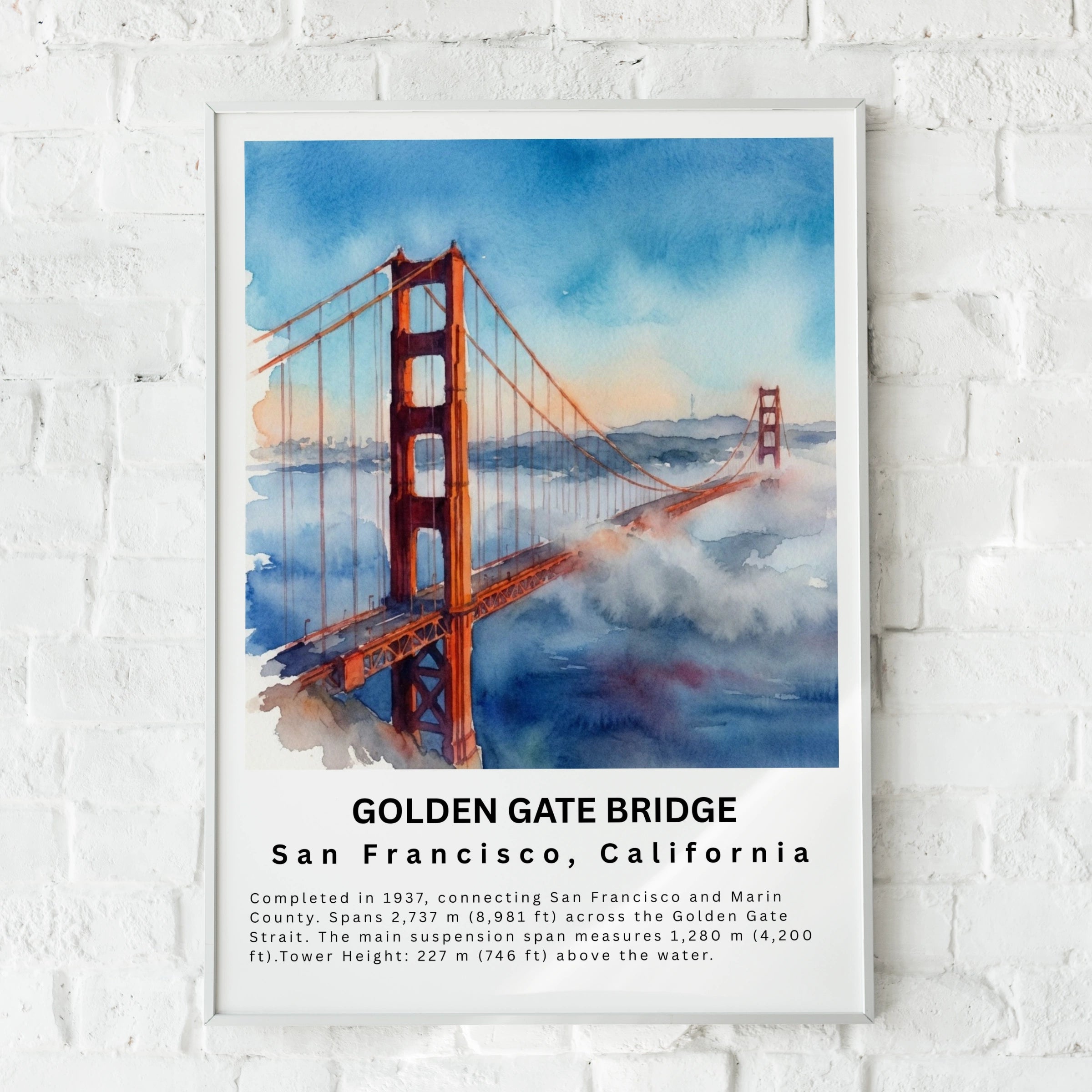 Golden Gate Bridge Poster, San Francisco Watercolour Wall Art, California Travel Print
