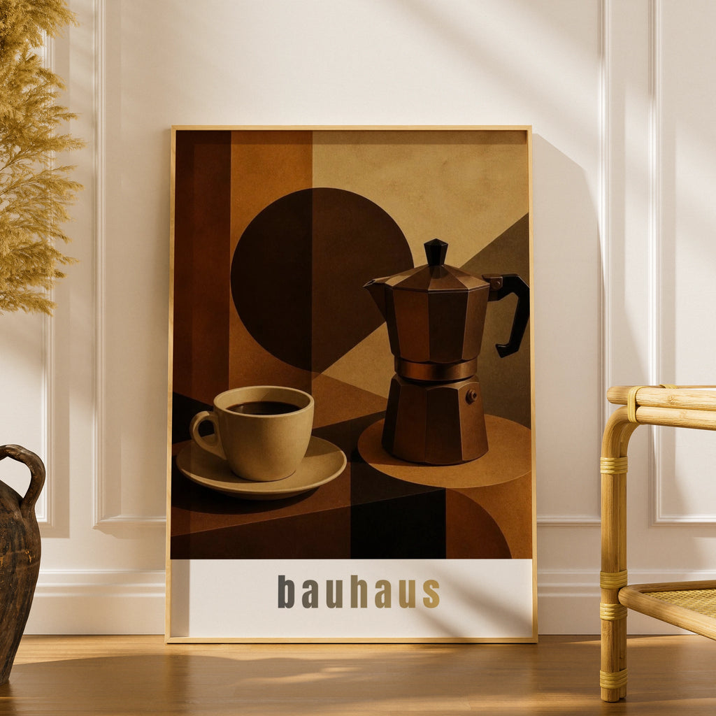 Bauhaus Coffee Poster, Moka Pot Wall Art, Brown Geometric Kitchen Print, Retro Cafe Decor
