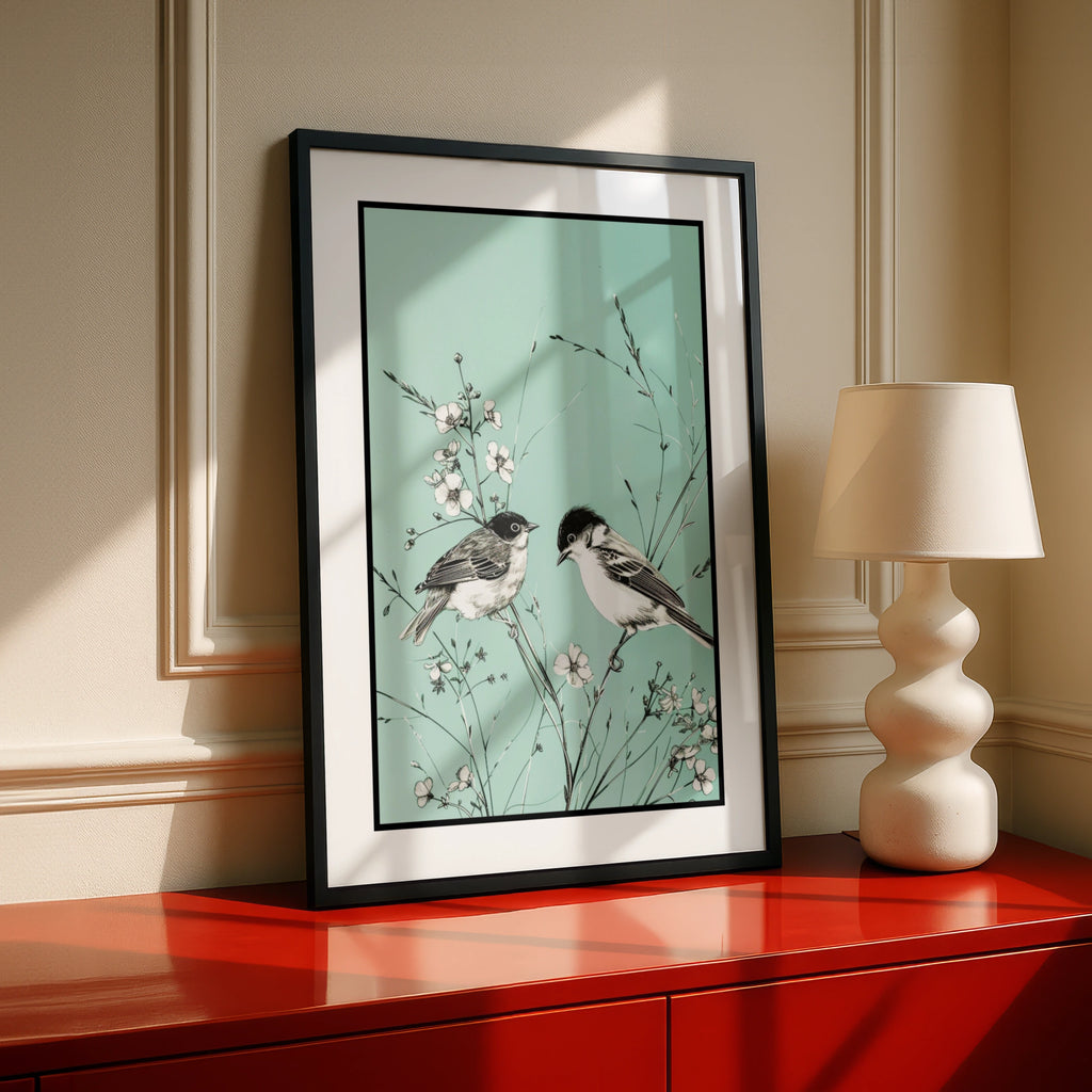 Botanical Wall Art | Teal Bird Poster,, Floral Wildflower Print, Mint Green Decor