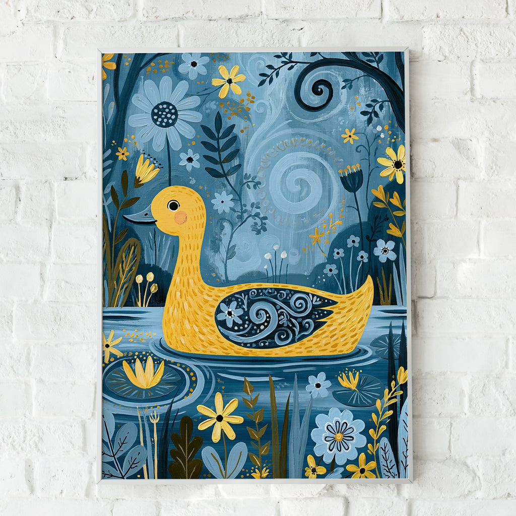 Yellow Duck Kids Wall Art, Folk Art Duck Poster, Blue Floral Nursery Print, Cute Duck