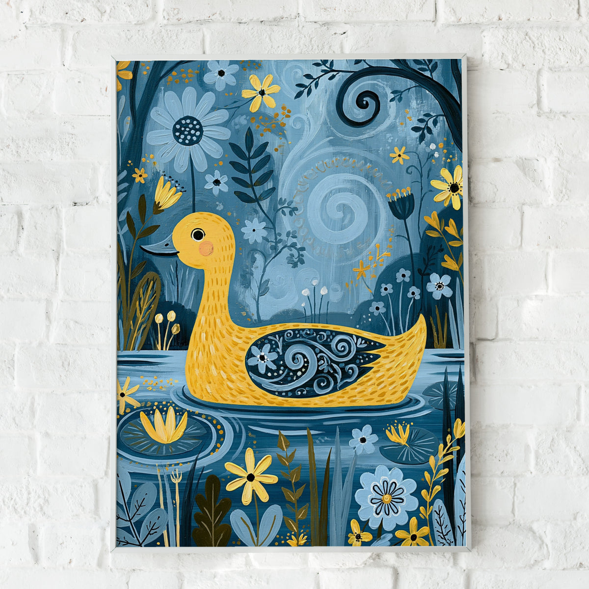 Yellow Duck Kids Wall Art, Folk Art Duck Poster, Blue Floral Nursery Print, Cute Duck