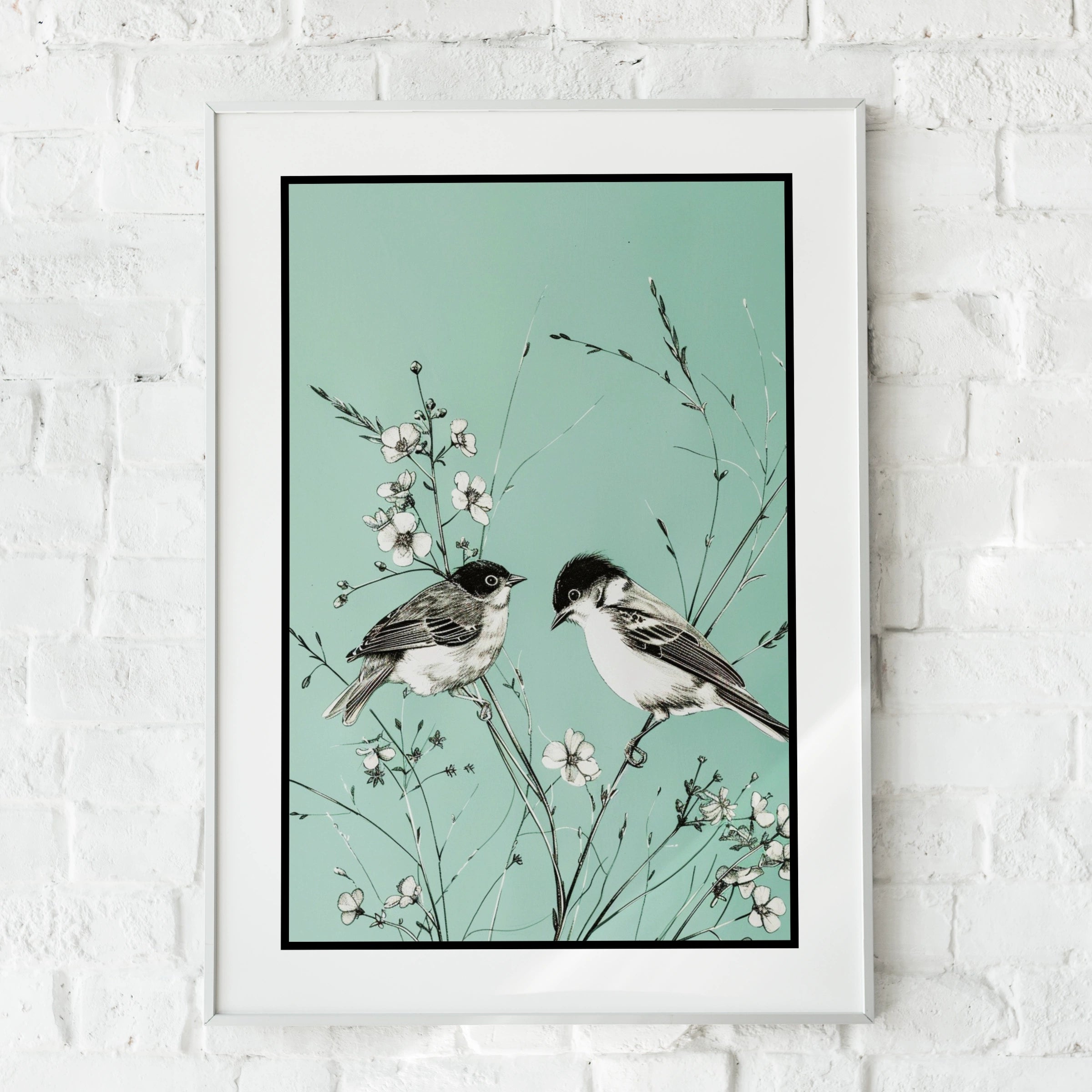 Botanical Wall Art | Teal Bird Poster,, Floral Wildflower Print, Mint Green Decor