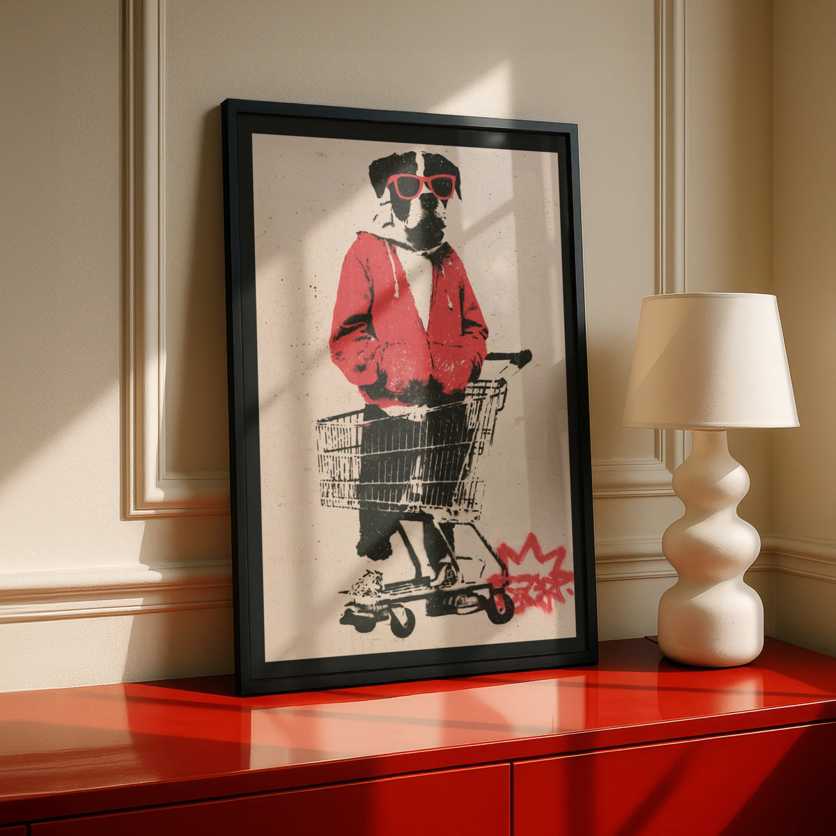 Cool Dog Shopping Trolley Street Art Poster, Graffiti Stencil Wall Art Print