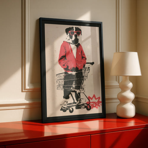 Cool Dog Shopping Trolley Street Art Poster, Graffiti Stencil Wall Art Print
