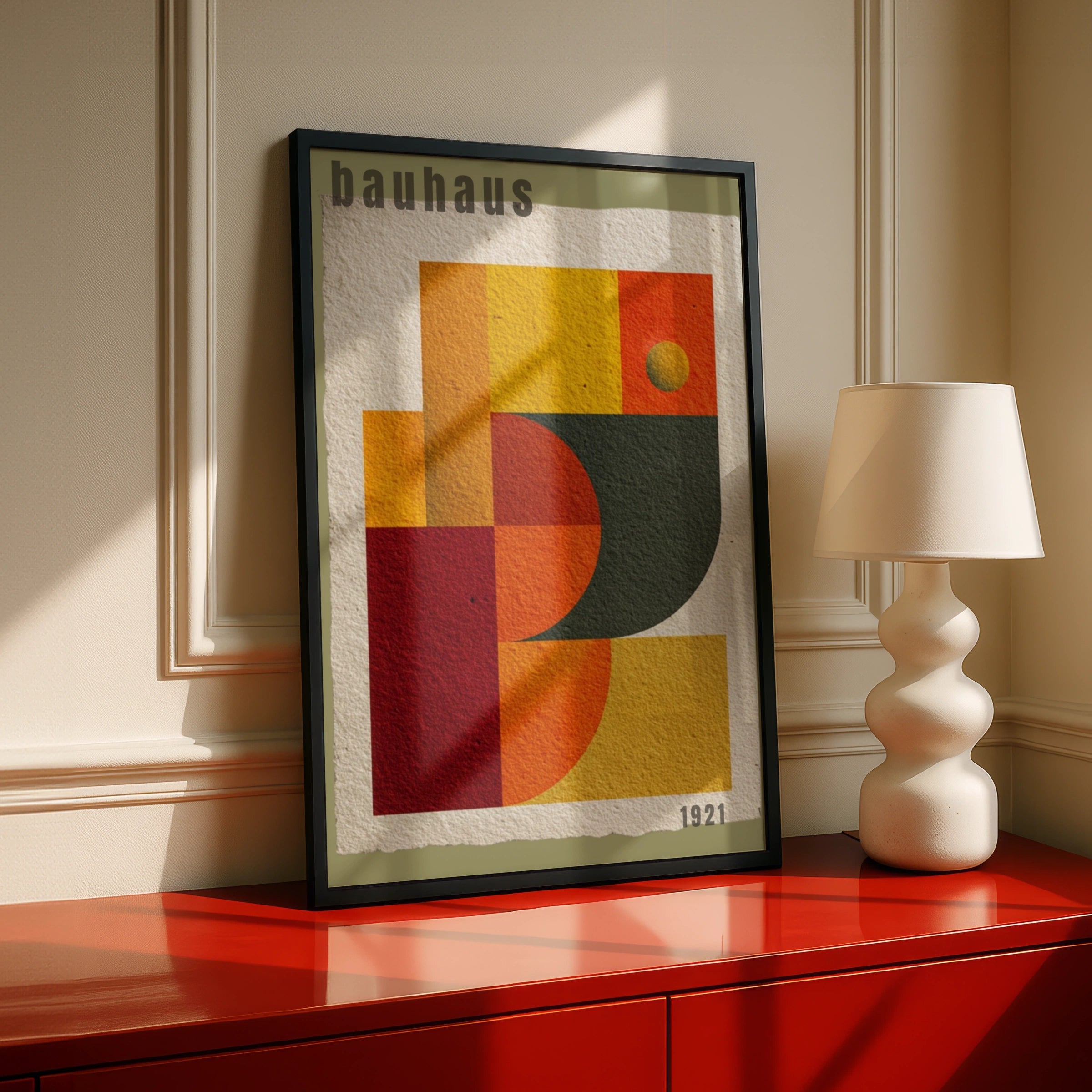 Bauhaus 1921 Geometric Poster, Olive Mid Century Wall Art, Orange Red Abstract Print