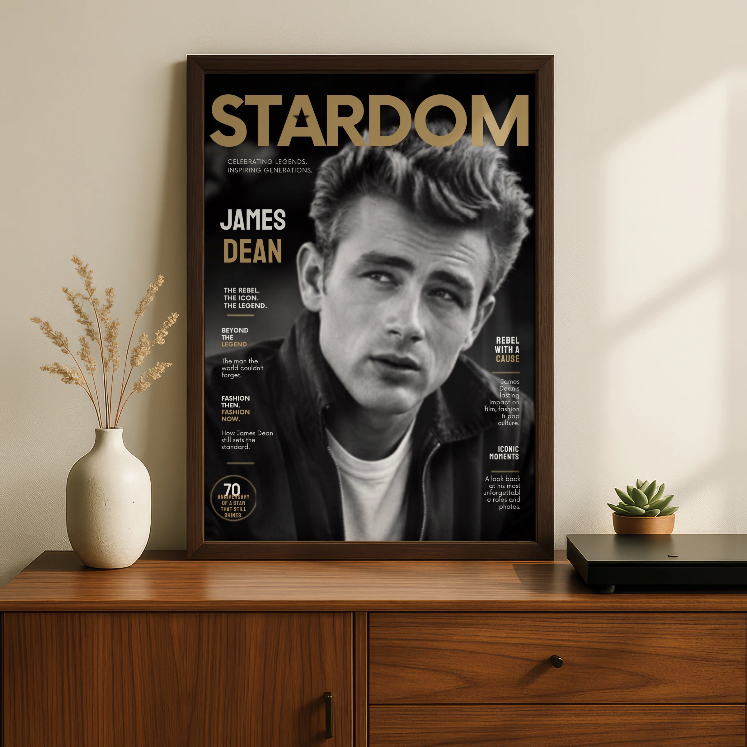 James Dean Magazine Cover Poster, Rebel Icon Wall Art, Black and Gold Print