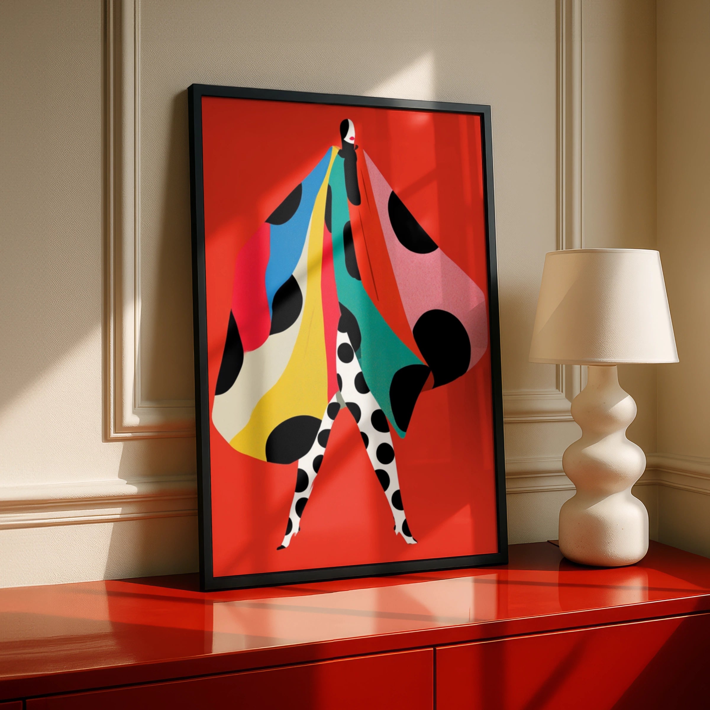 Polka Dot Fashion Poster, Bold Red Art Print, Colourful Woman Wall Art, Retro