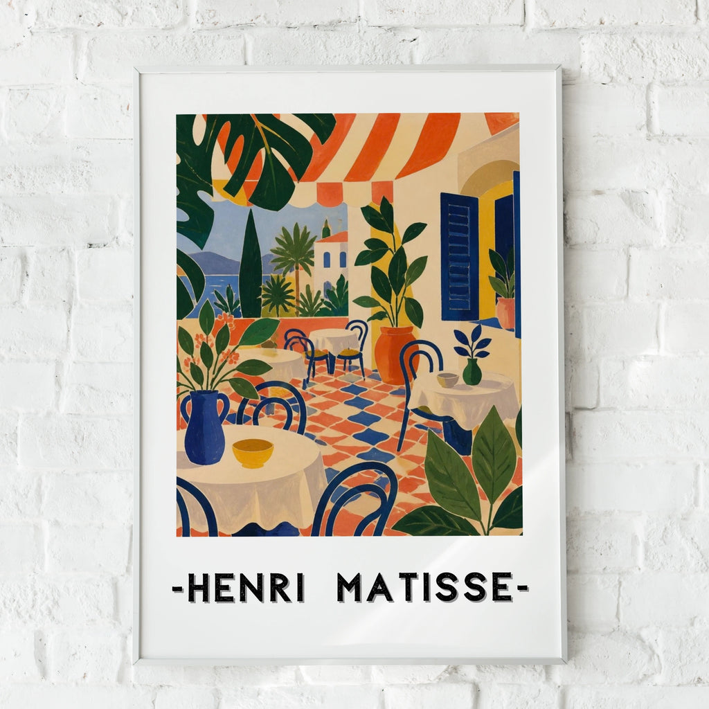 Matisse Style Cafe Poster, Mediterranean Terrace Wall Art, Colourful Botanical Print