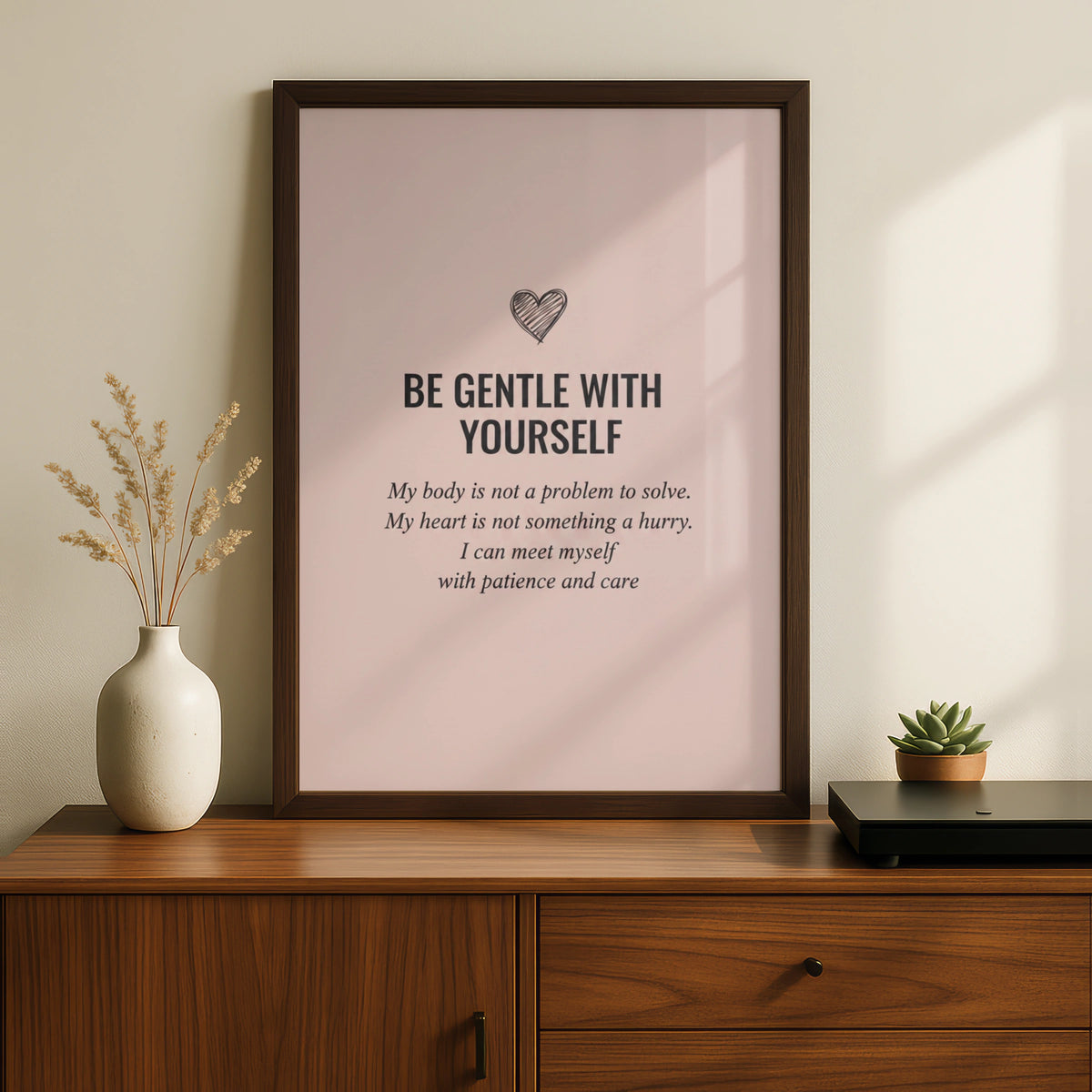 Be Gentle With Yourself Poster, Self Love Quote Print, Blush Pink Mental Health Wall Art