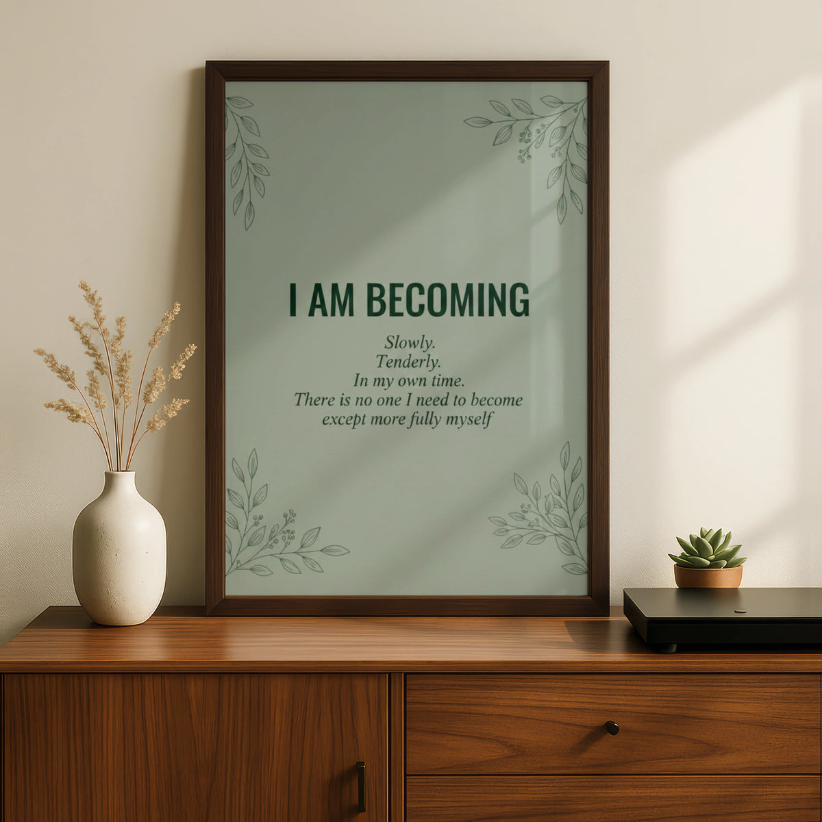 I Am Becoming Quote Print, Sage Green Botanical Wall Art, Self Growth Poster