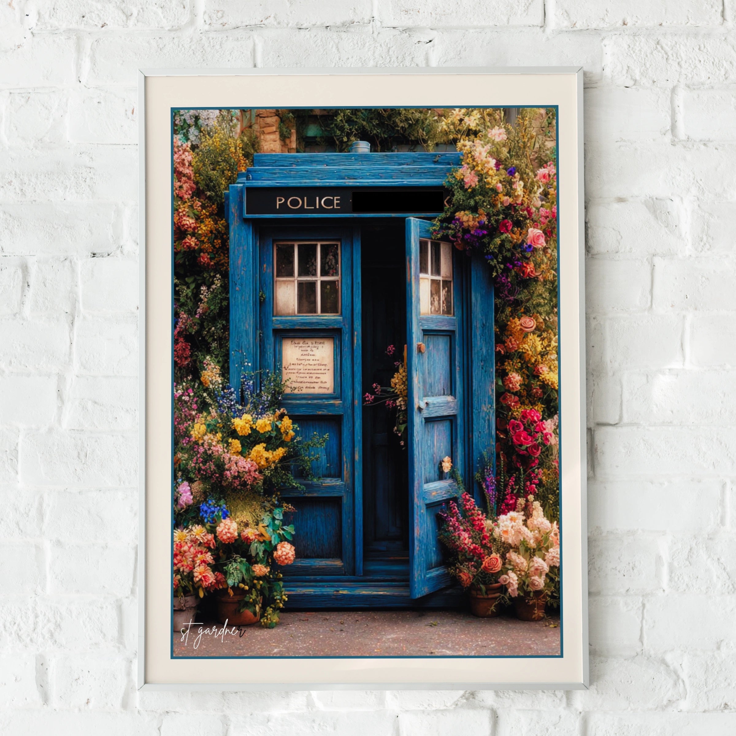 Blue Police Box Floral Poster, Tardis Art Print, Sci-Fi Wall Decor, Cottagecore Gift