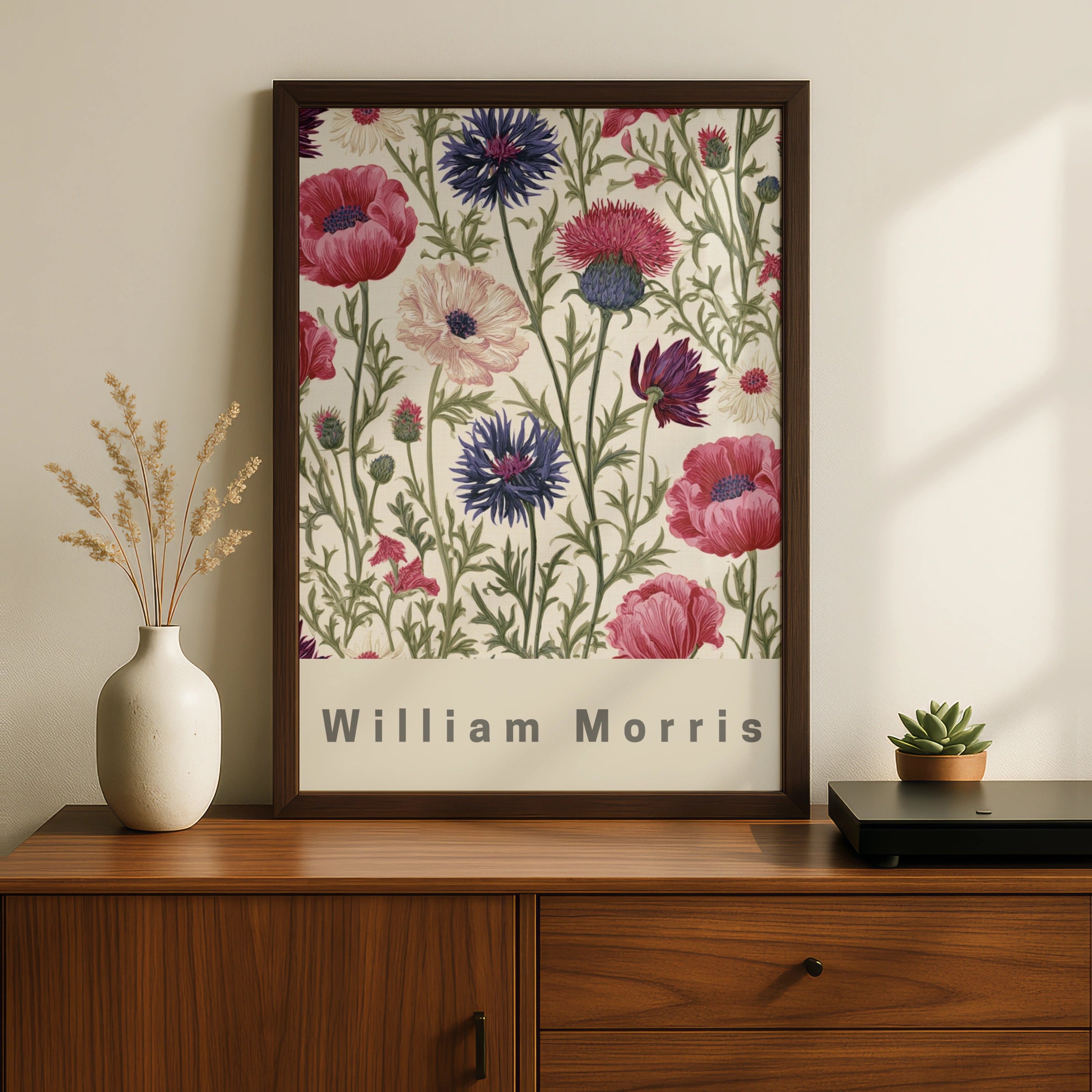 William Morris Floral Poster, Raspberry Thistle Botanical Wall Art Print, Wildflower