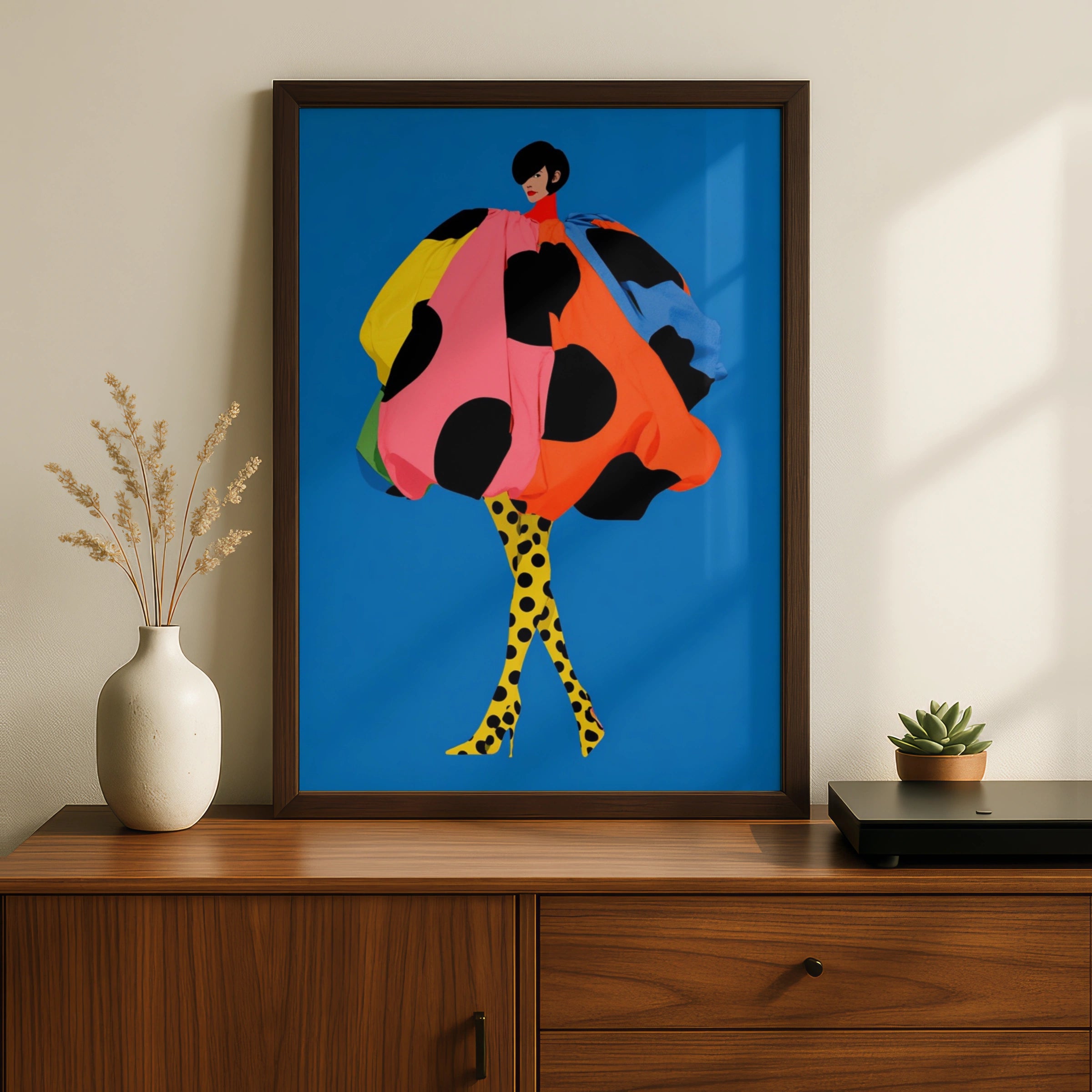 Polka Dot Fashion Illustration Poster, Bold Blue Wall Art, Colourful Figure Print