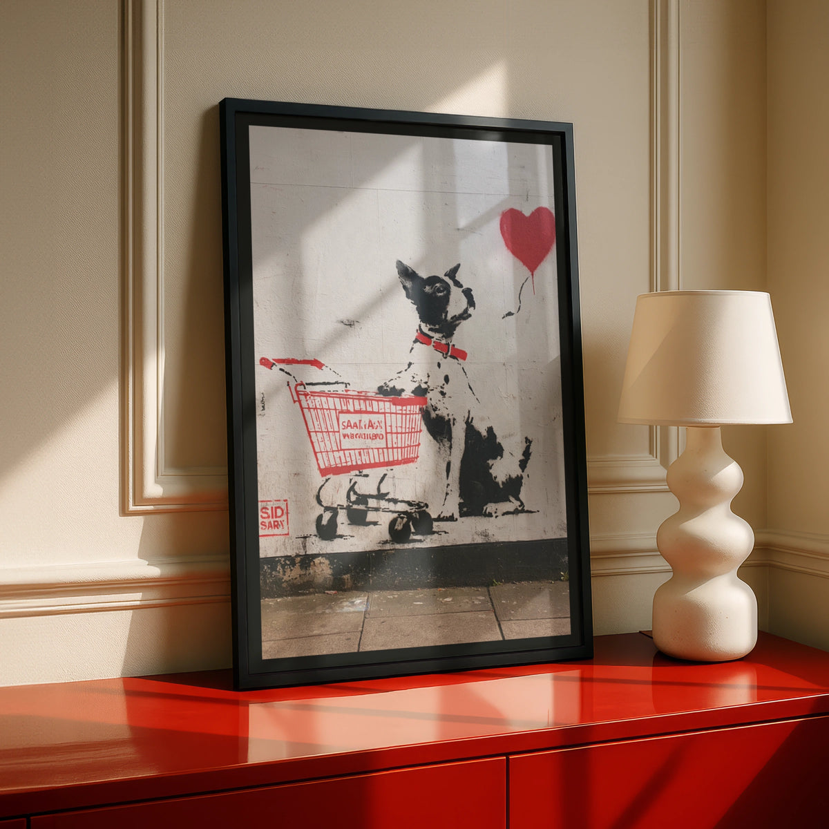 Dog Heart Balloon Street Art Poster, Graffiti Wall Art, Urban Stencil Print, Black Red