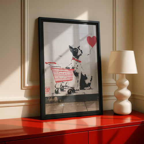 Dog Heart Balloon Street Art Poster, Graffiti Wall Art, Urban Stencil Print, Black Red