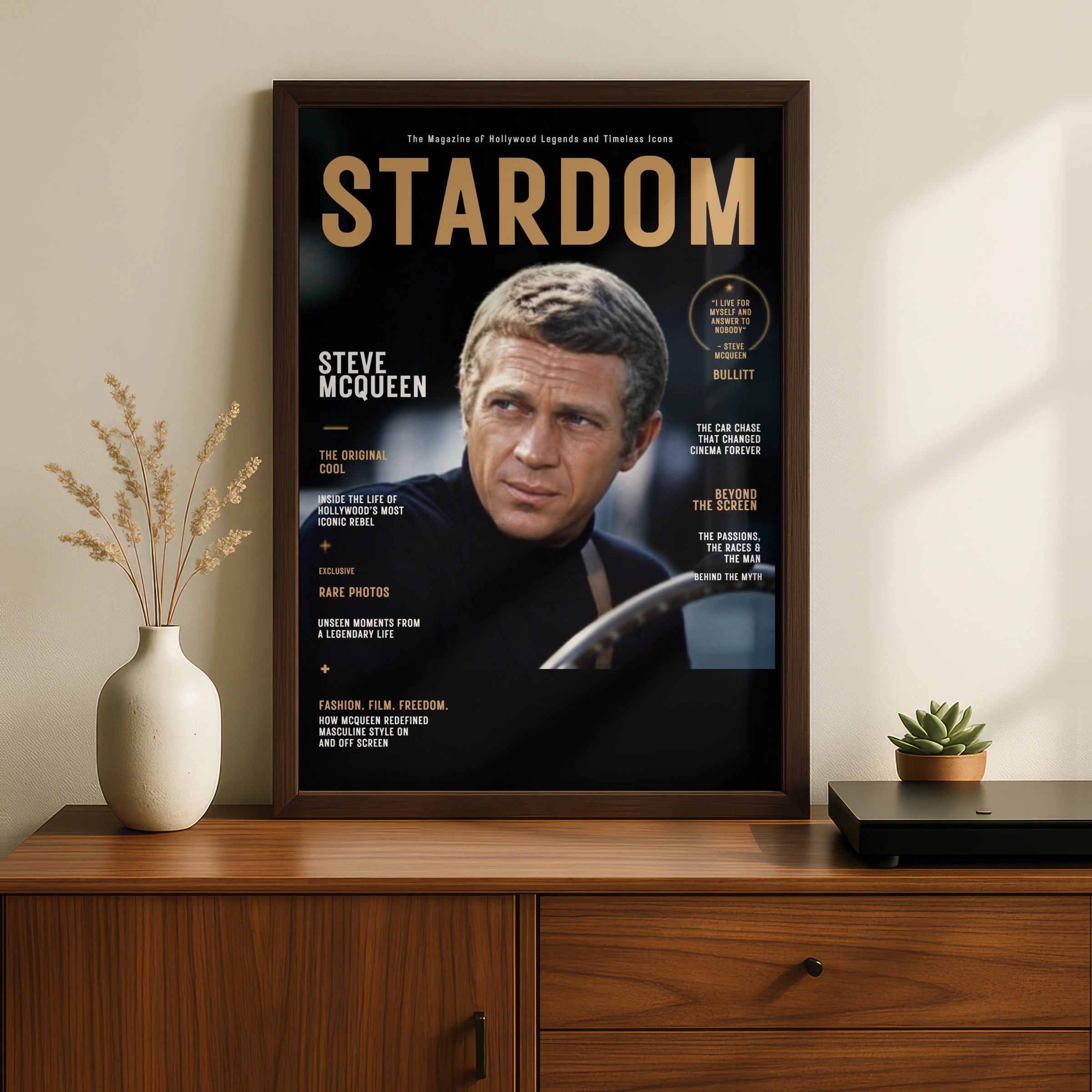 Steve McQueen Magazine Cover Poster, Hollywood Legend, Bullitt, Retro Film Wall Art