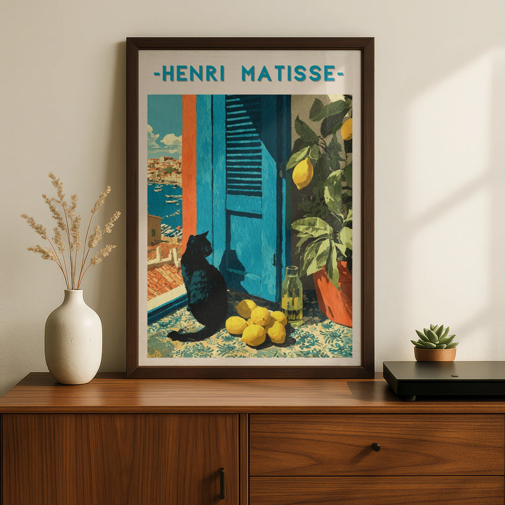Black Cat Matisse Style Poster, Mediterranean Wall Art, Lemon Print, Colourful