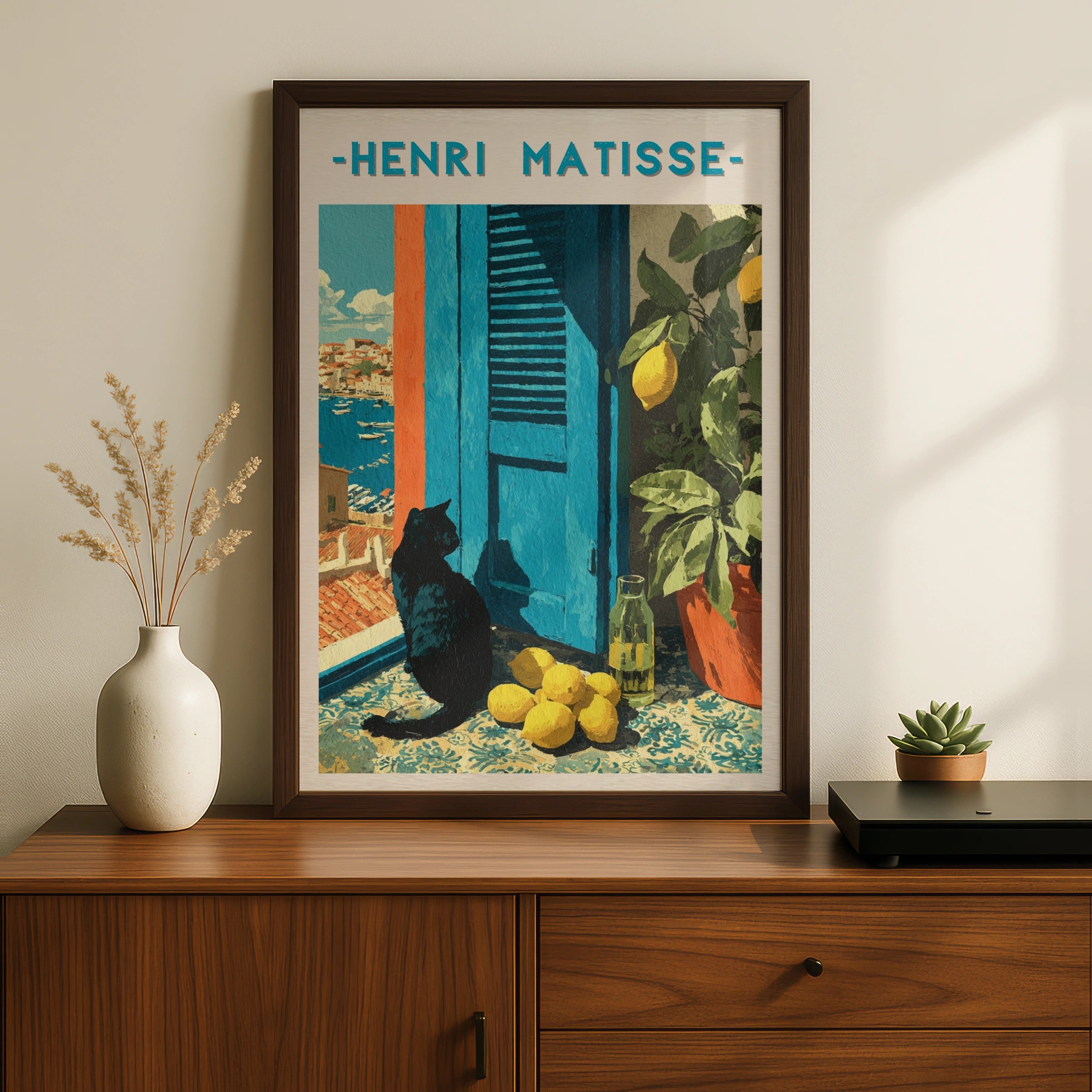 Black Cat Matisse Style Poster, Mediterranean Wall Art, Lemon Print, Colourful
