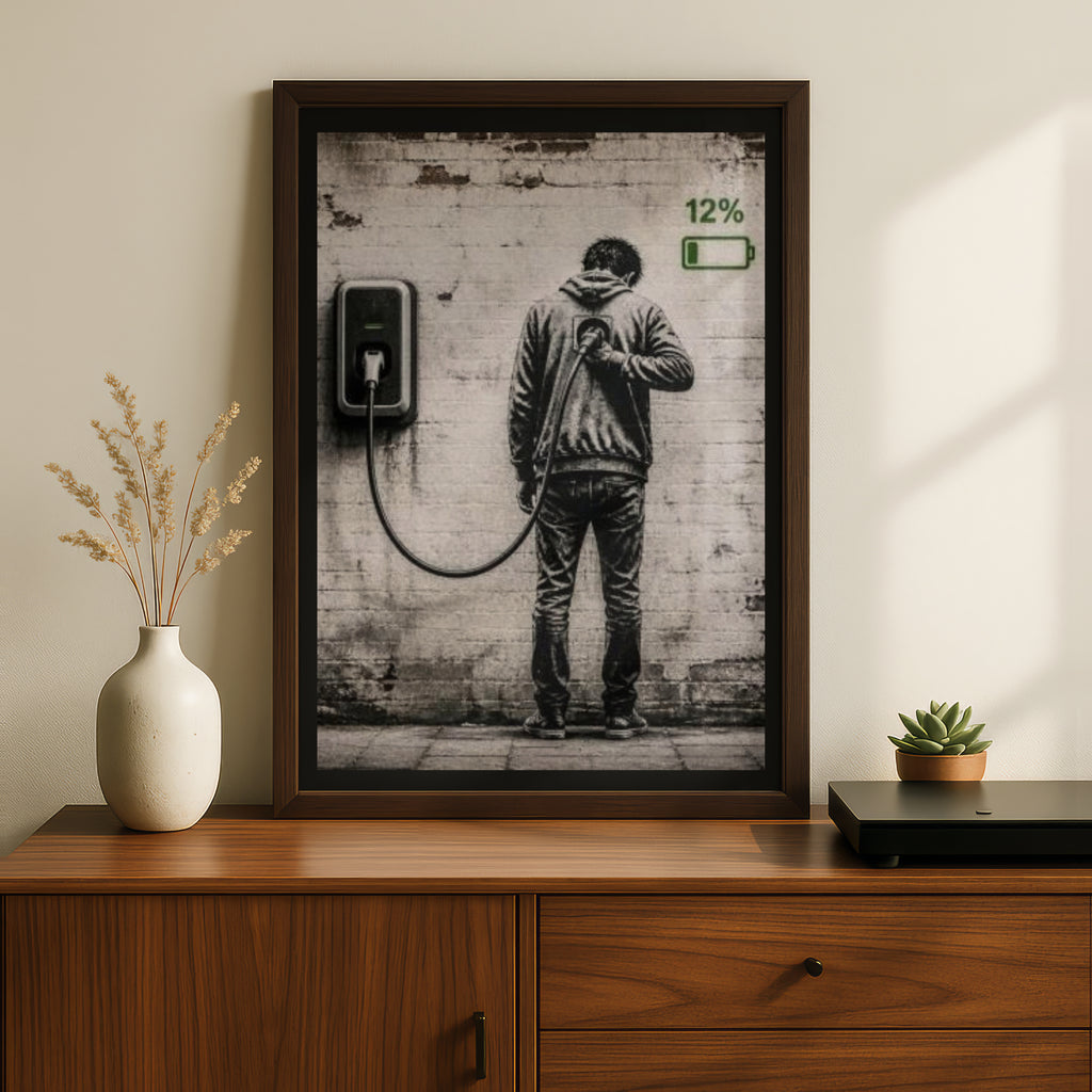 Banksy Style Recharge Graffiti Poster, Street Art Print, Battery Low Human Wall Art