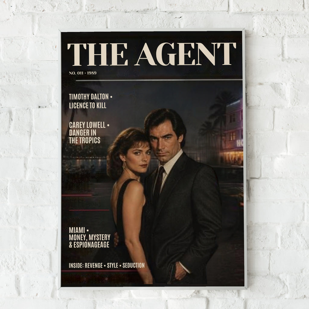 Spy Agent Magazine Cover (011)  Poster, Retro 1980s Espionage Wall Art, Dark Noir Couple Print