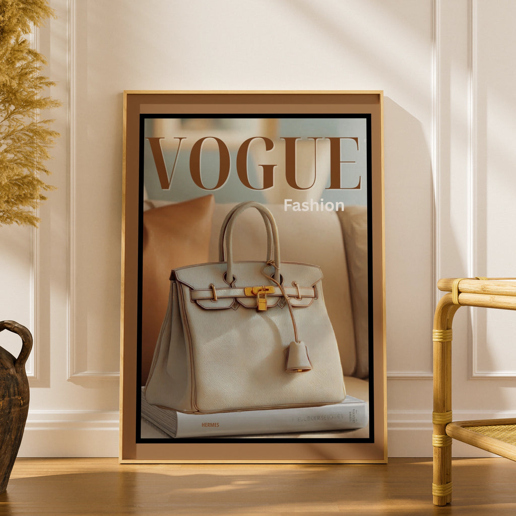 Vogue Fashion Wall Art, Luxury Handbag Fashion Poster, Cream Gold Designer Bag Print