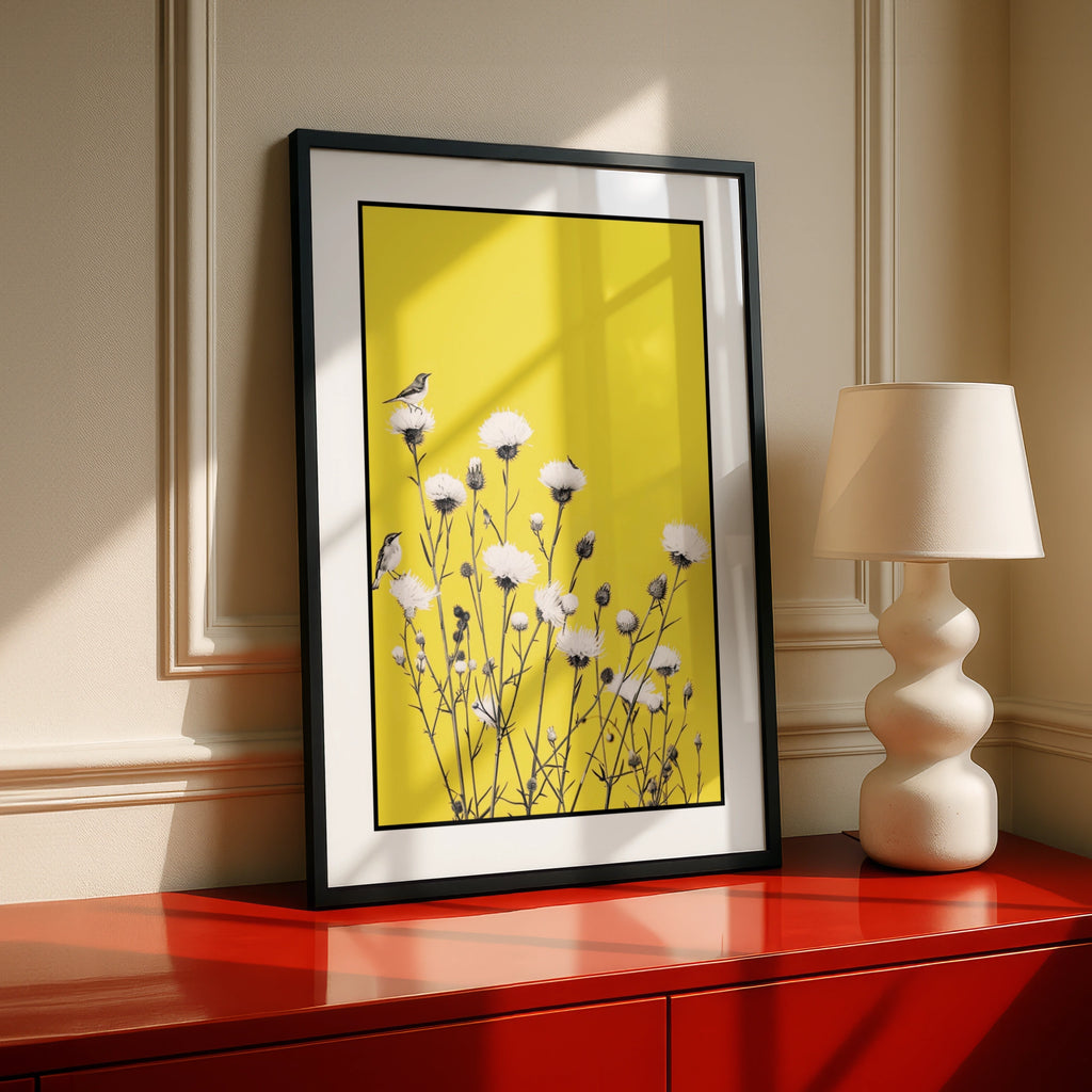 Botanical Wall Art | Yellow Bird Wildflower Poster,  Thistle Print, Nature Decor