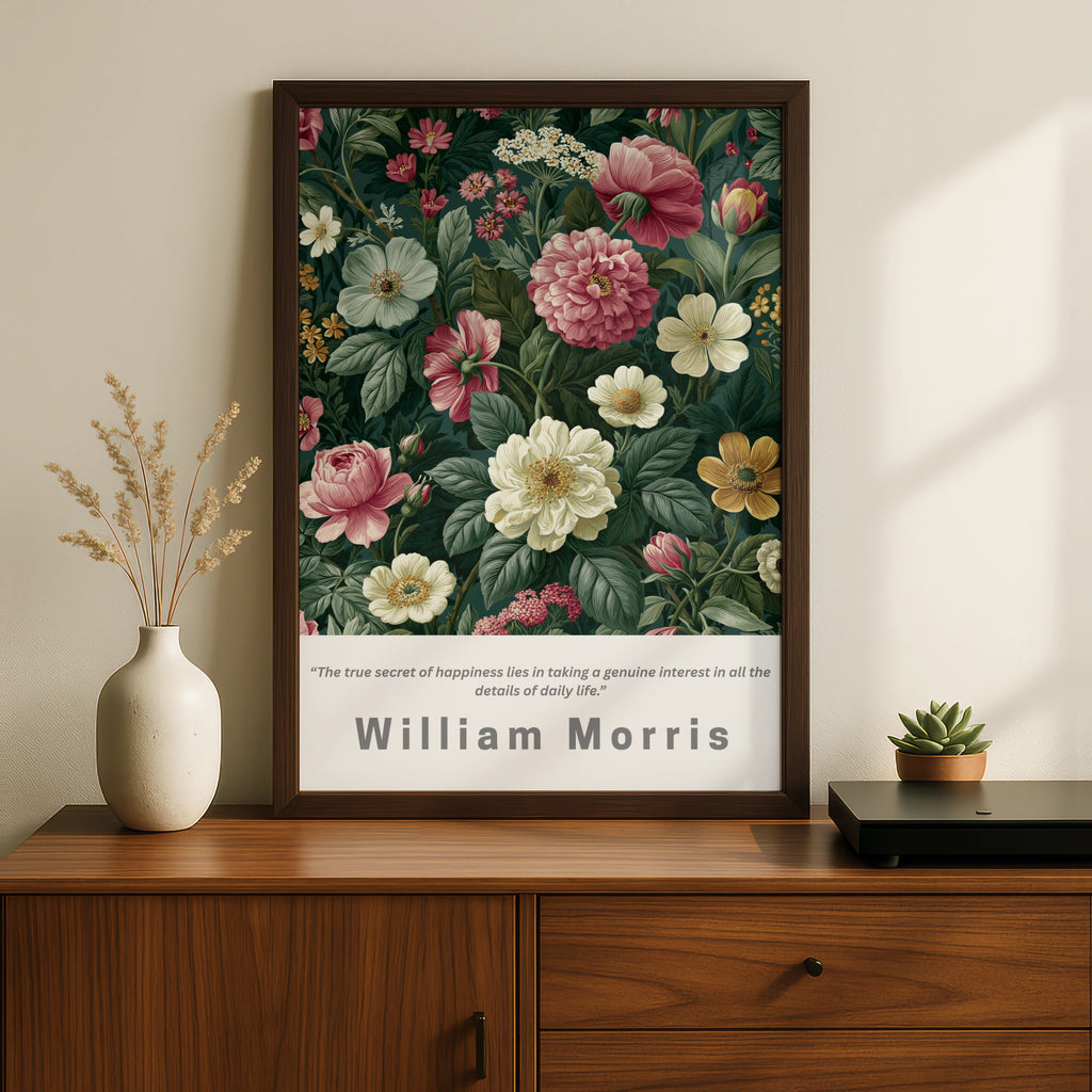 William Morris Floral Poster, Garden Botanical Wall Art, Pink Peony Print, Teal
