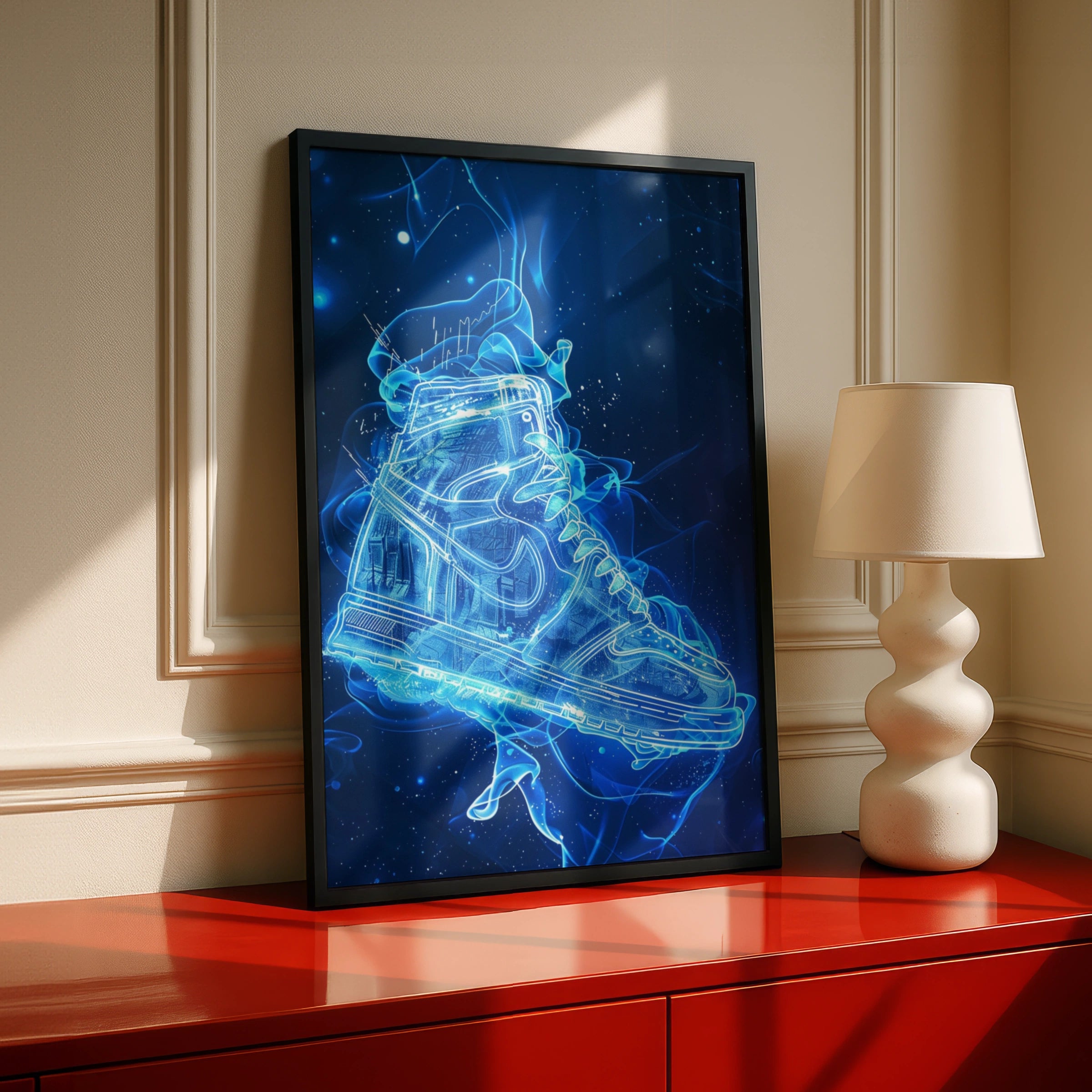 Futuristic Sneaker Neon Blue Art Print, Trainer Poster, Streetwear Wall Art Gift