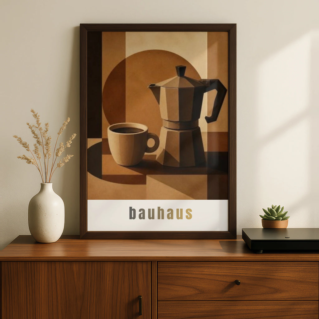 Bauhaus Coffee Poster, Moka Pot Wall Art, Minimalist Kitchen Print, Brown Neutral Decor