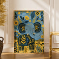 Kids Elephant Floral Wall Art, Folk Art Animal Poster, Blue Yellow Nursery Print