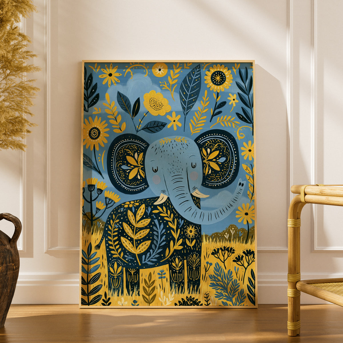 Kids Elephant Floral Wall Art, Folk Art Animal Poster, Blue Yellow Nursery Print