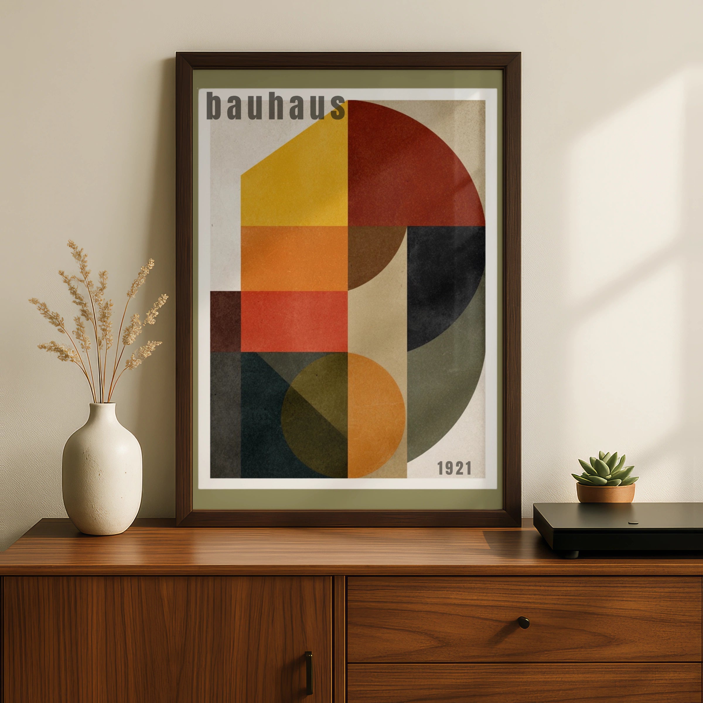 Bauhaus 1921 Geometric Poster, Olive Retro Wall Art, Mid Century Modern Print