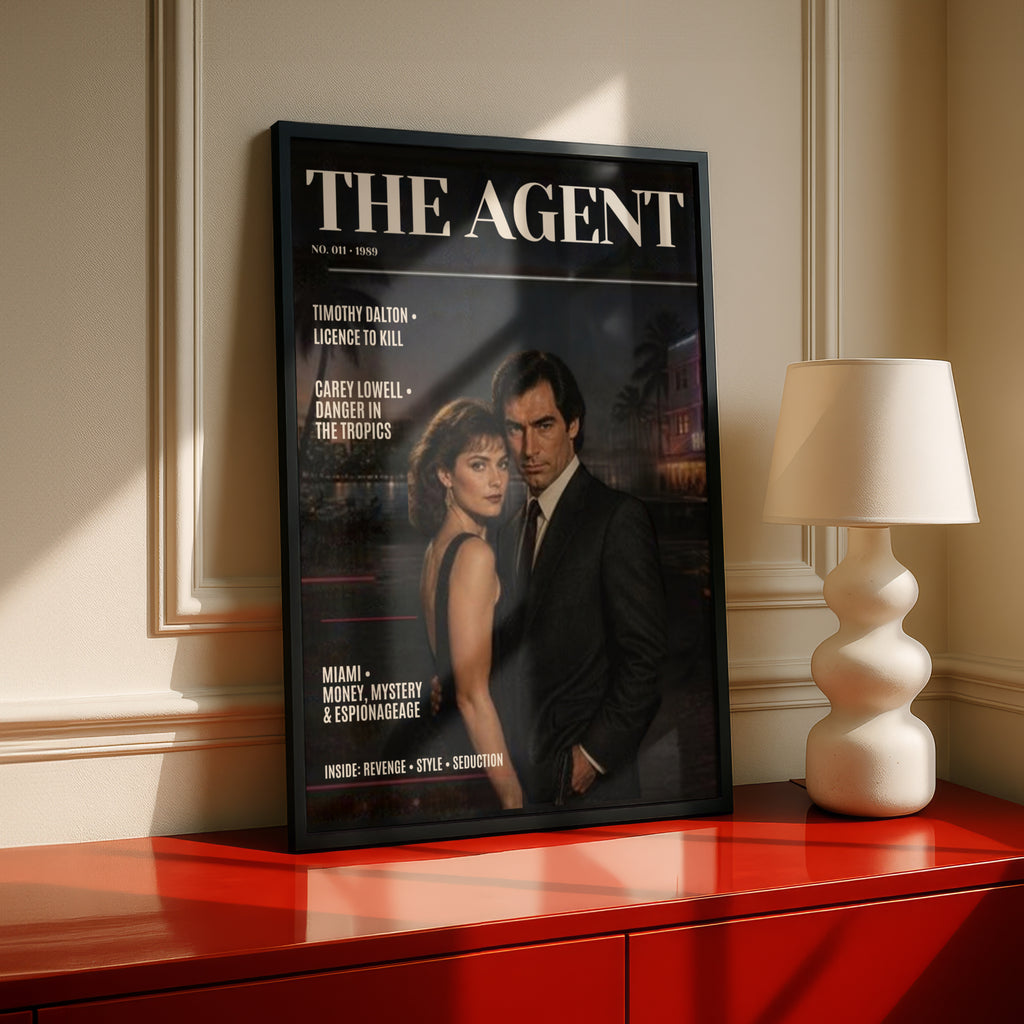 Spy Agent Magazine Cover (011)  Poster, Retro 1980s Espionage Wall Art, Dark Noir Couple Print