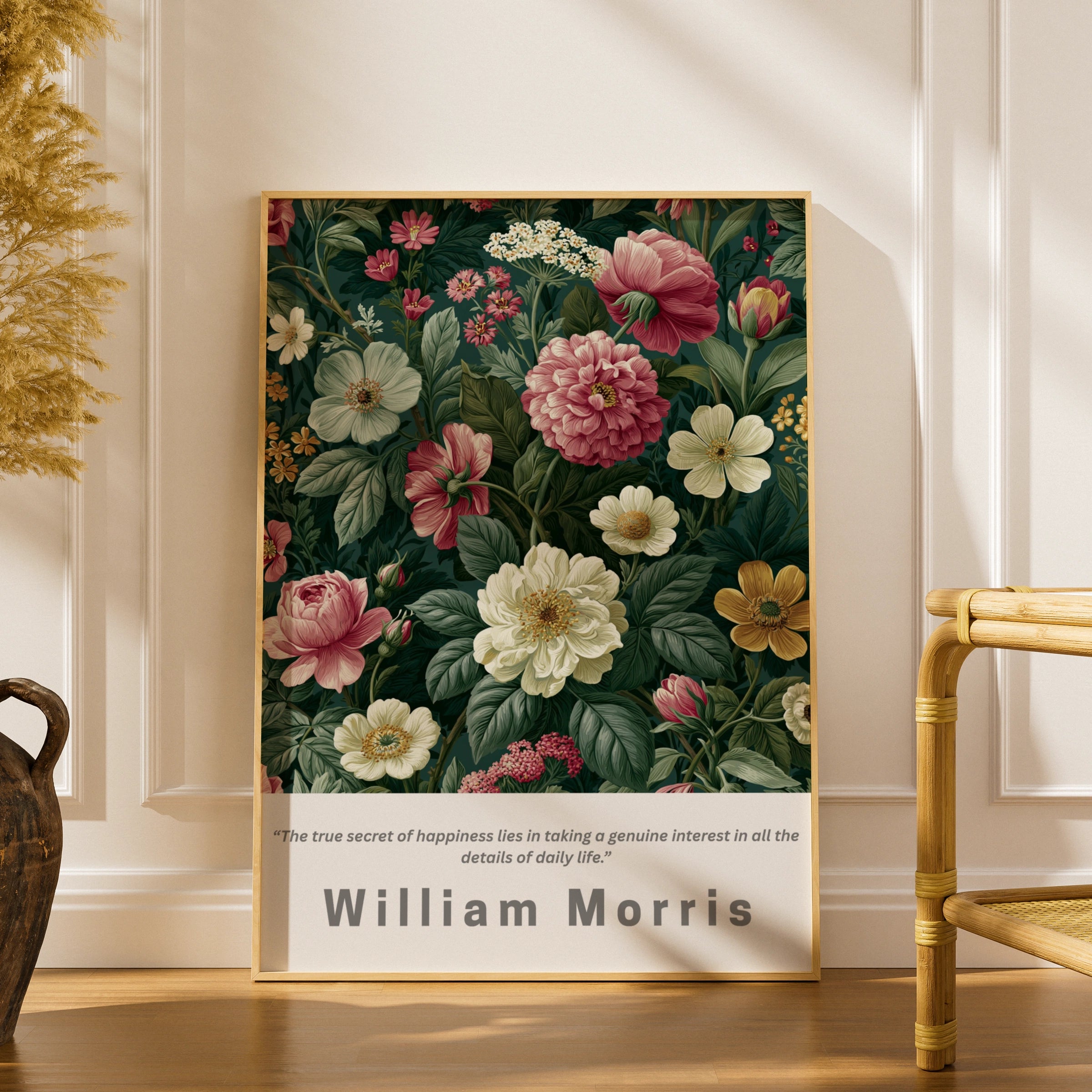 William Morris Floral Poster, Garden Botanical Wall Art, Pink Peony Print, Teal