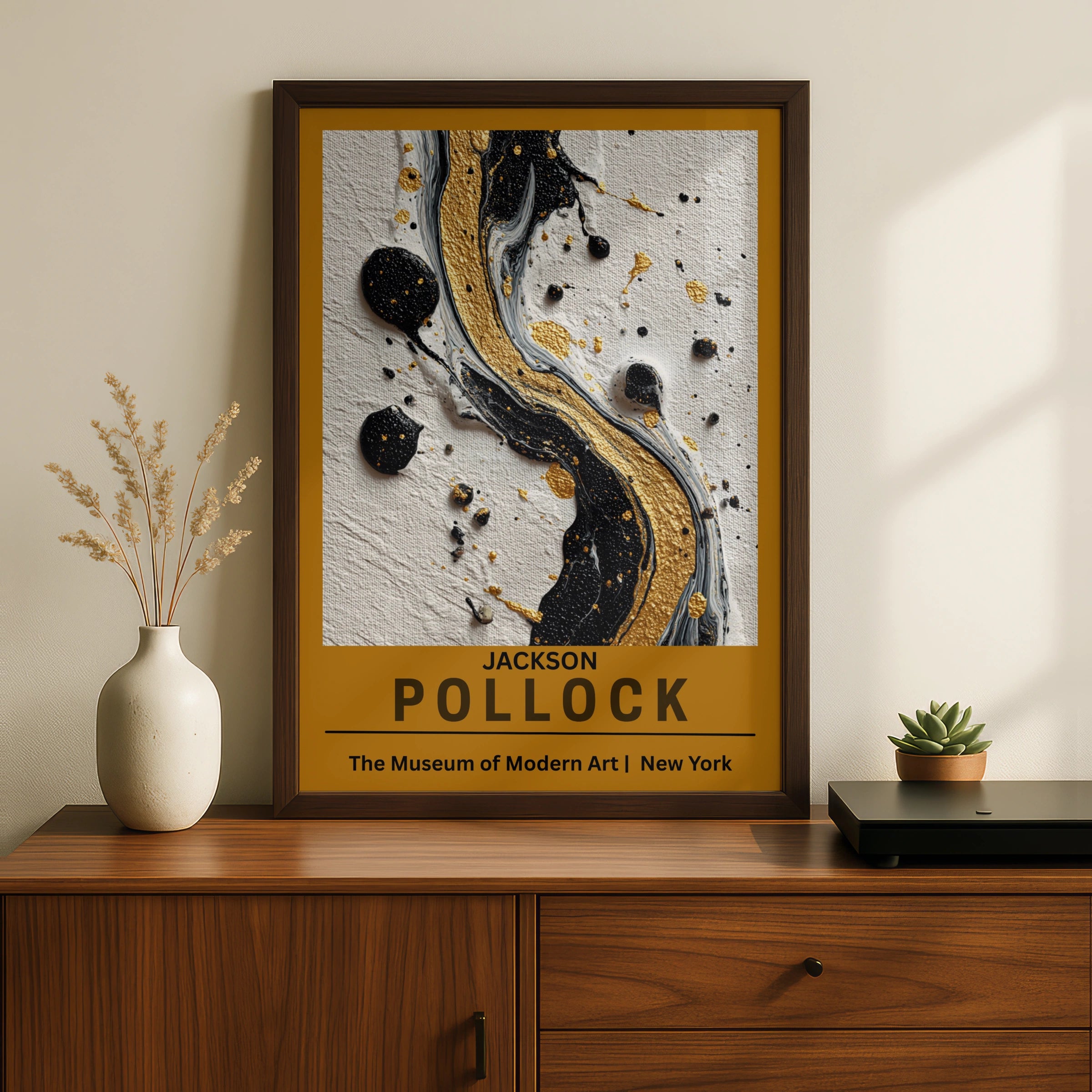 Jackson Pollock Abstract Art Poster, Black Gold Drip Print, MoMA Wall Art