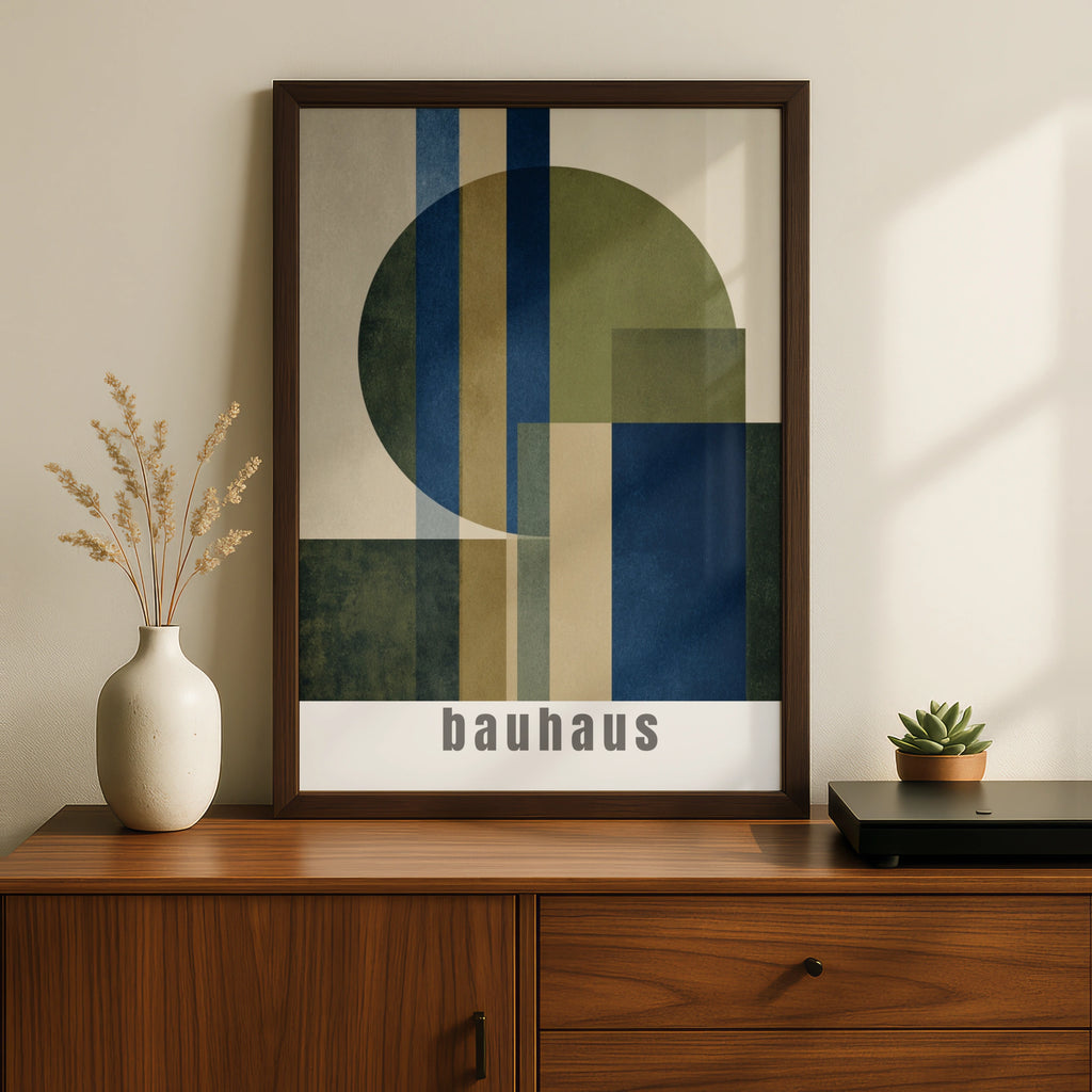 Bauhaus Geometric Poster, Navy Blue Olive Green Abstract Wall Art Print, Minimalist