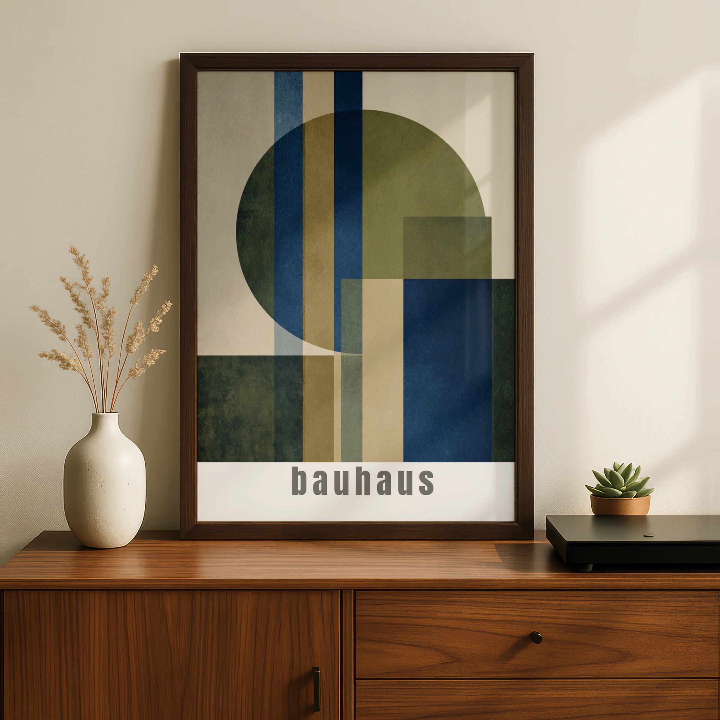 Bauhaus Geometric Poster, Navy Blue Olive Green Abstract Wall Art Print, Minimalist