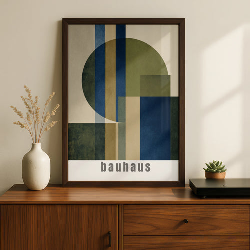Bauhaus Geometric Poster, Navy Blue Olive Green Abstract Wall Art Print, Minimalist