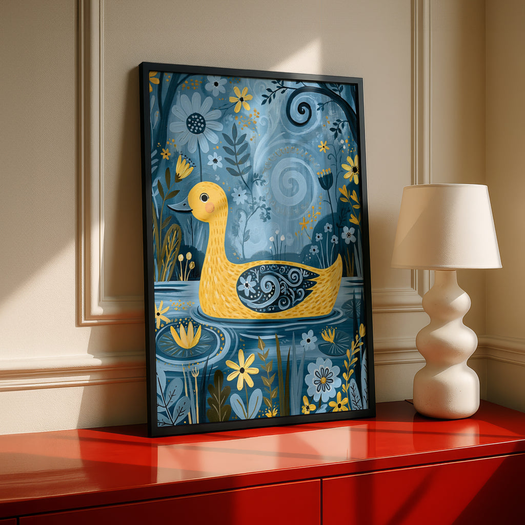 Yellow Duck Kids Wall Art, Folk Art Duck Poster, Blue Floral Nursery Print, Cute Duck