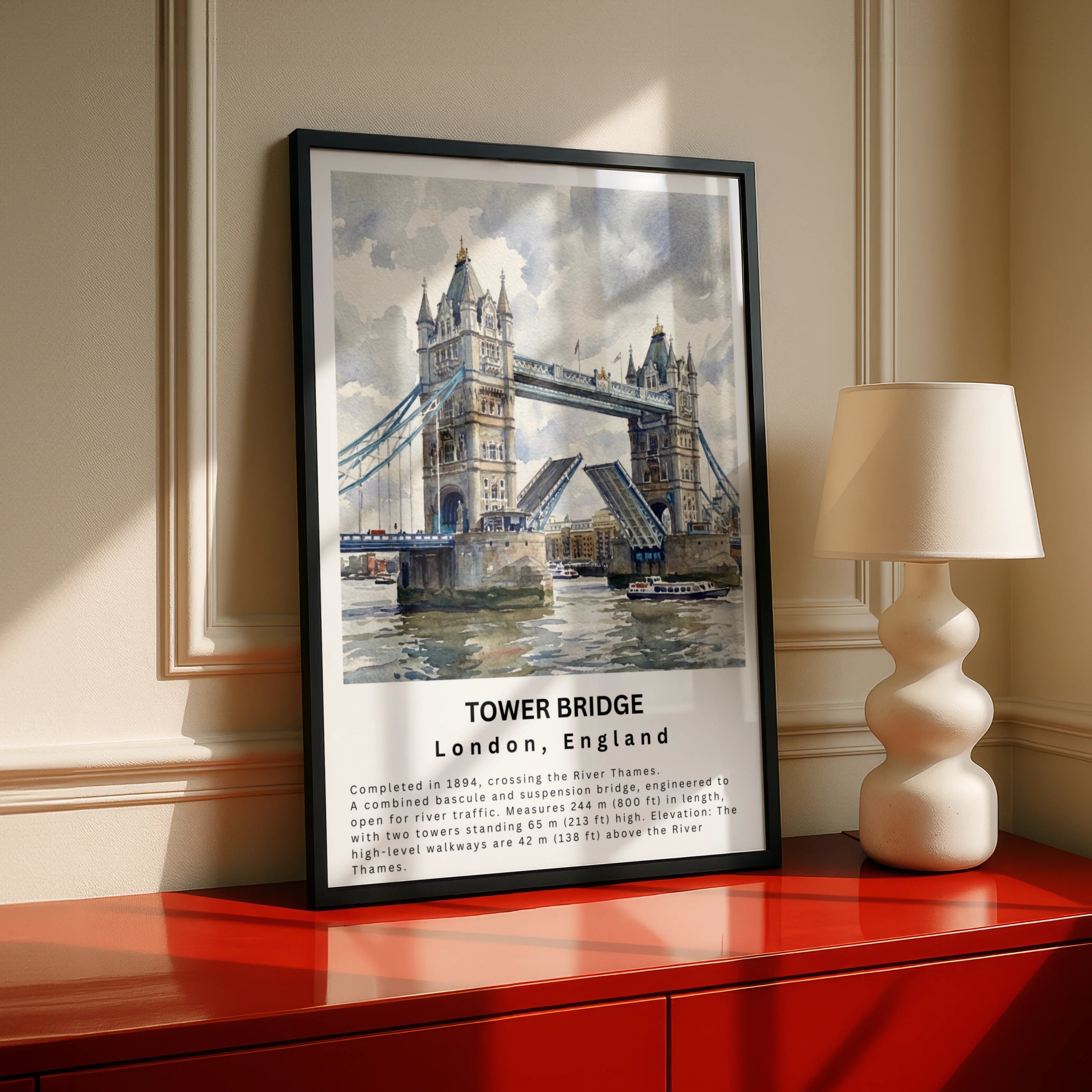 Tower Bridge London Watercolour Poster, River Thames Wall Art Print, England