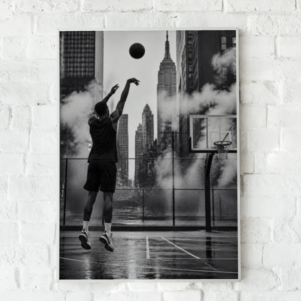 Basketball NYC Poster, Black White New York City Street Court Wall Art Print