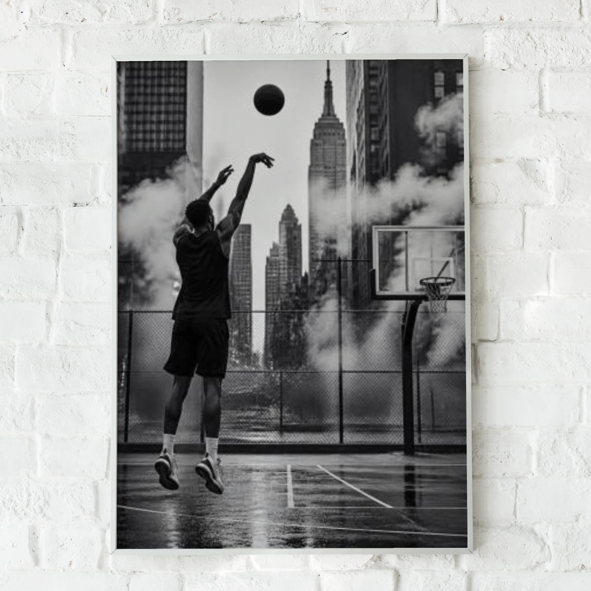 Basketball NYC Poster, Black White New York City Street Court Wall Art Print