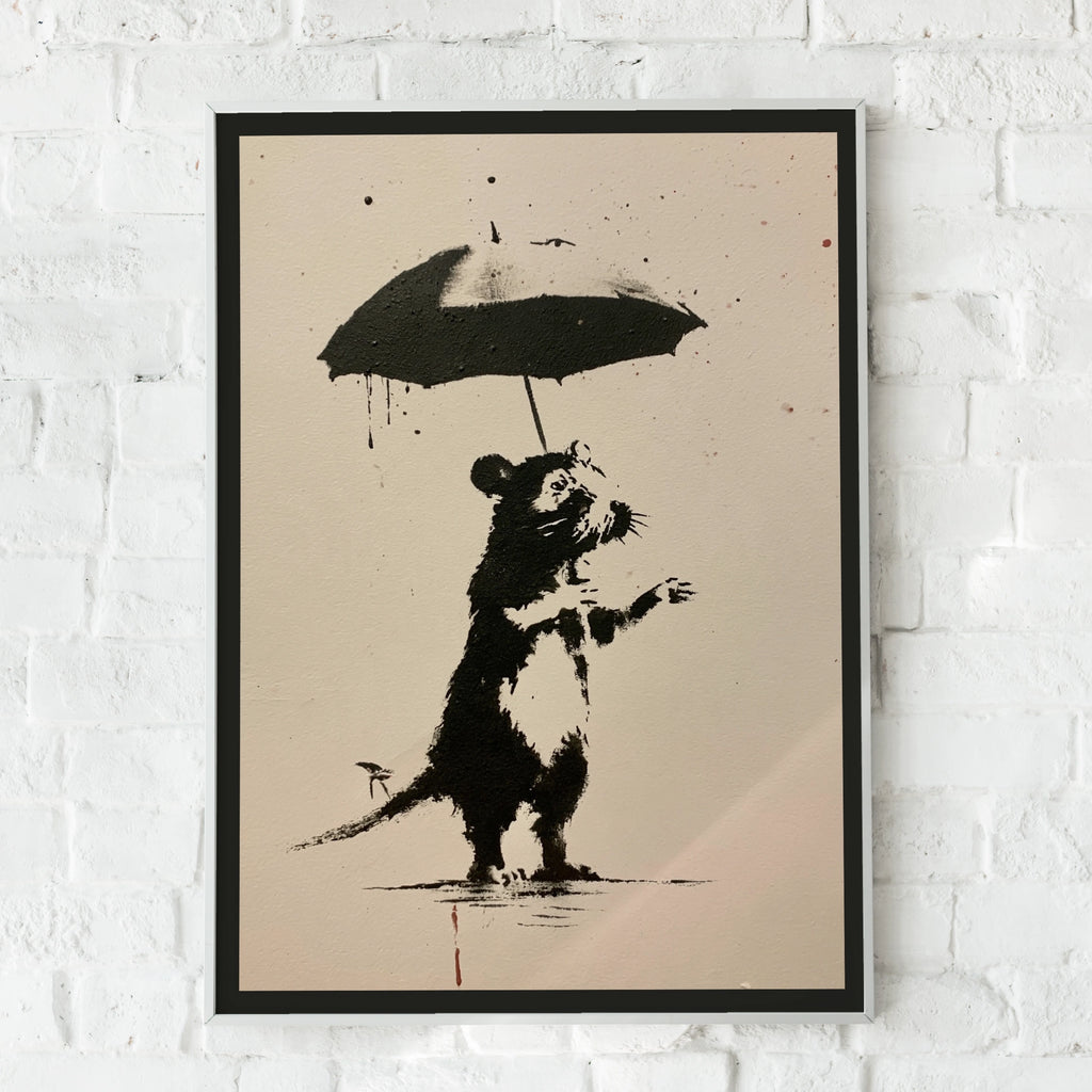 Rat With Umbrella Street Art Poster, Banksy Style Black White Urban Wall Art Print