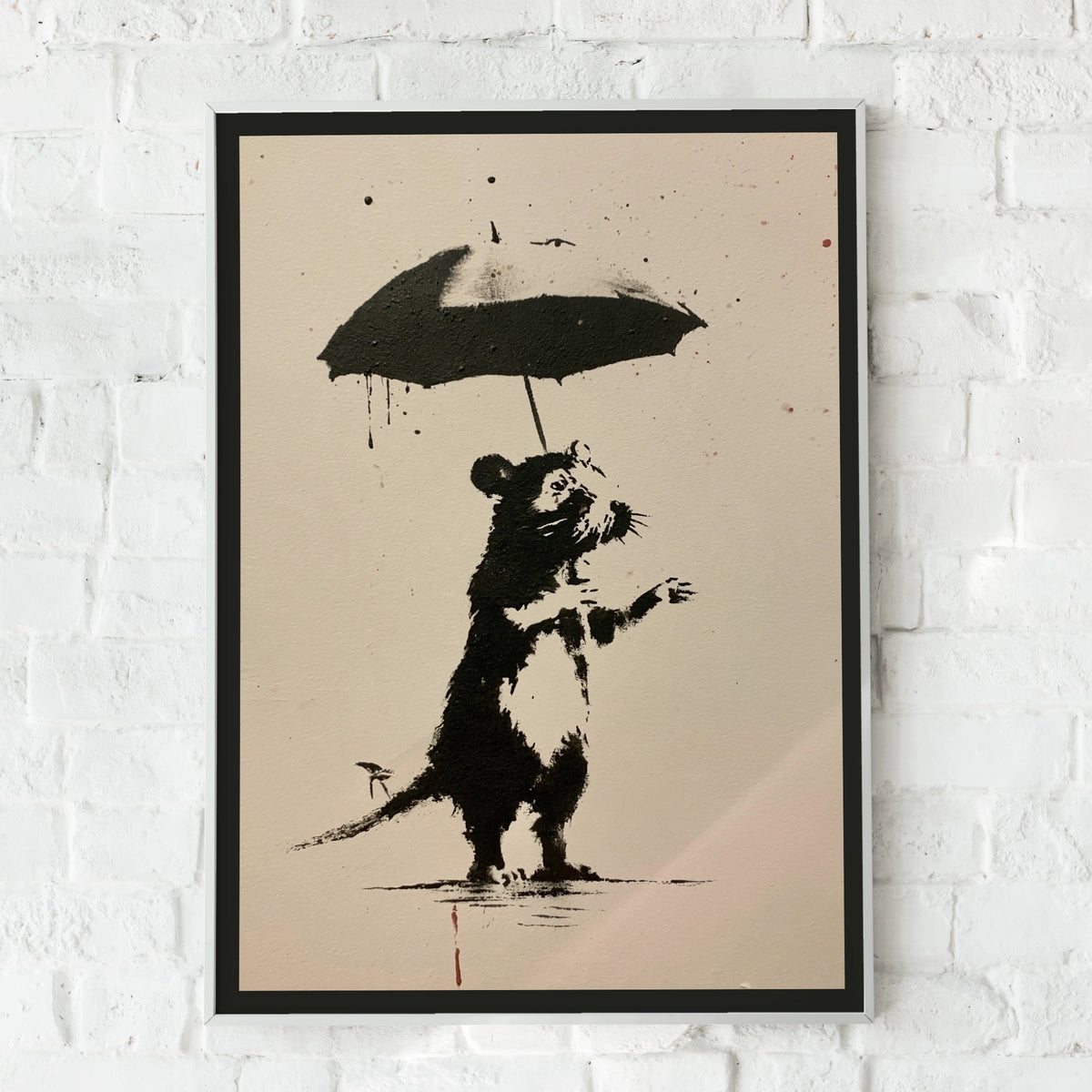 Rat With Umbrella Street Art Poster, Banksy Style Black White Urban Wall Art Print