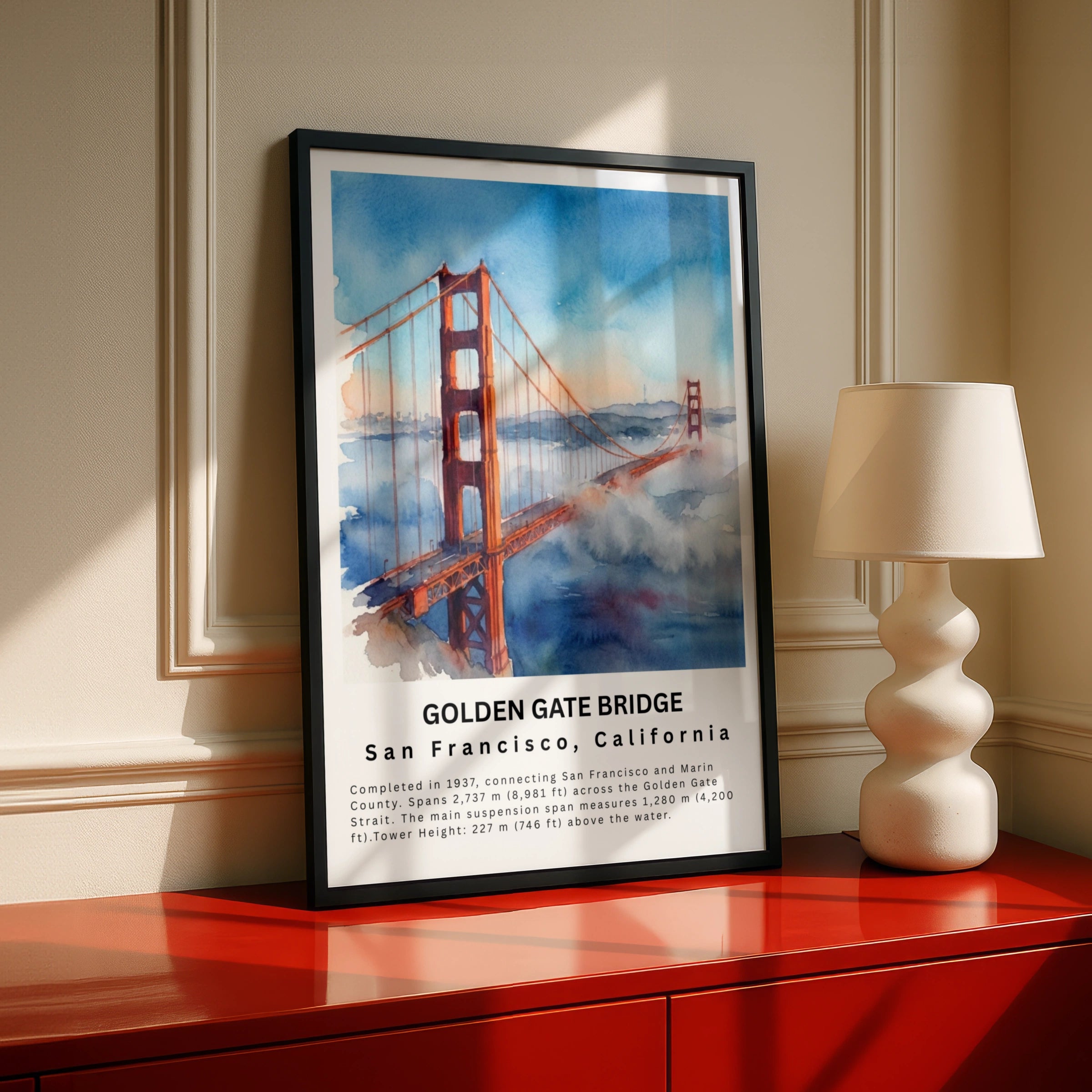 Golden Gate Bridge Poster, San Francisco Watercolour Wall Art, California Travel Print