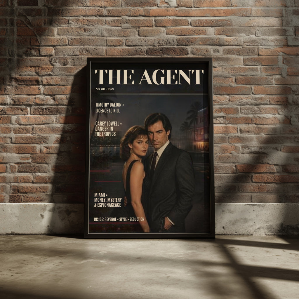 Spy Agent Magazine Cover (011)  Poster, Retro 1980s Espionage Wall Art, Dark Noir Couple Print